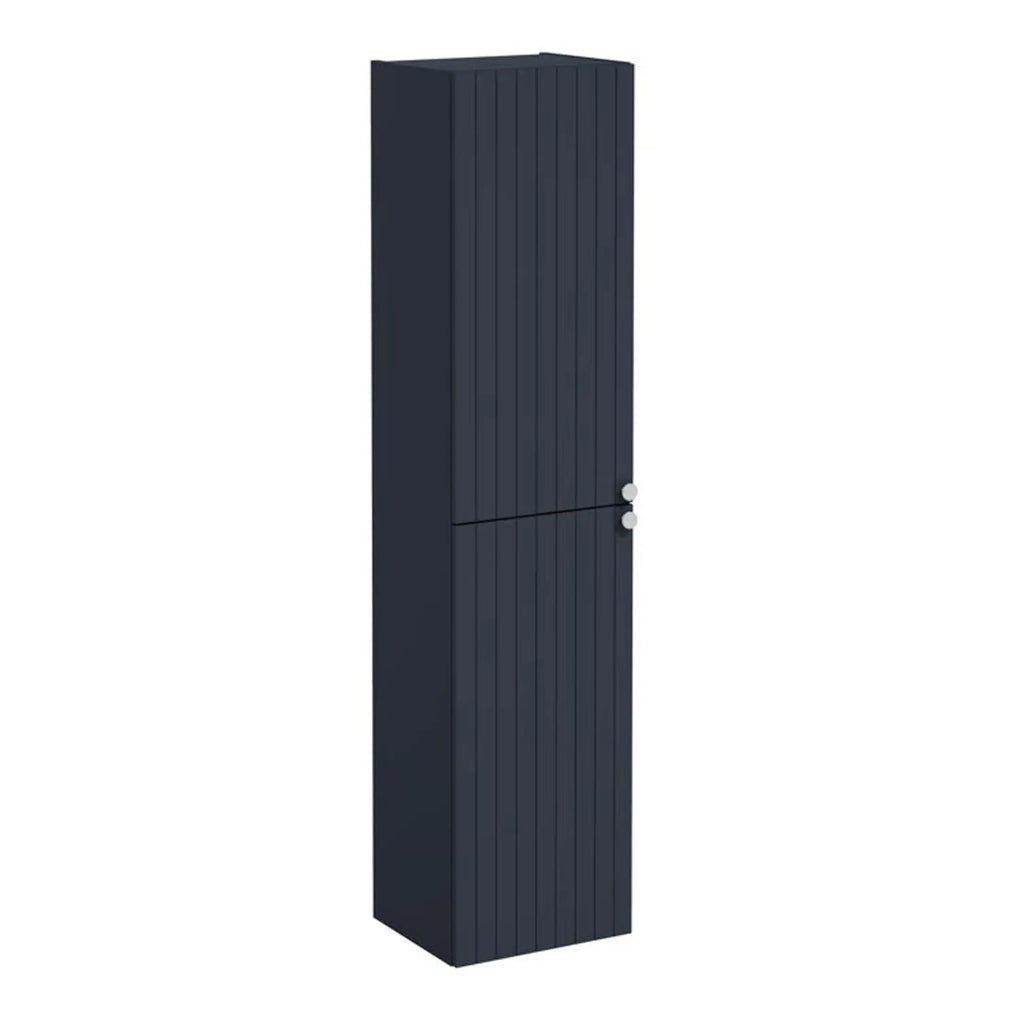 Modern navy blue bathroom storage cabinet with vertical panel design and sleek round handles for stylish organisation. Perfect for contemporary bathroom decor.