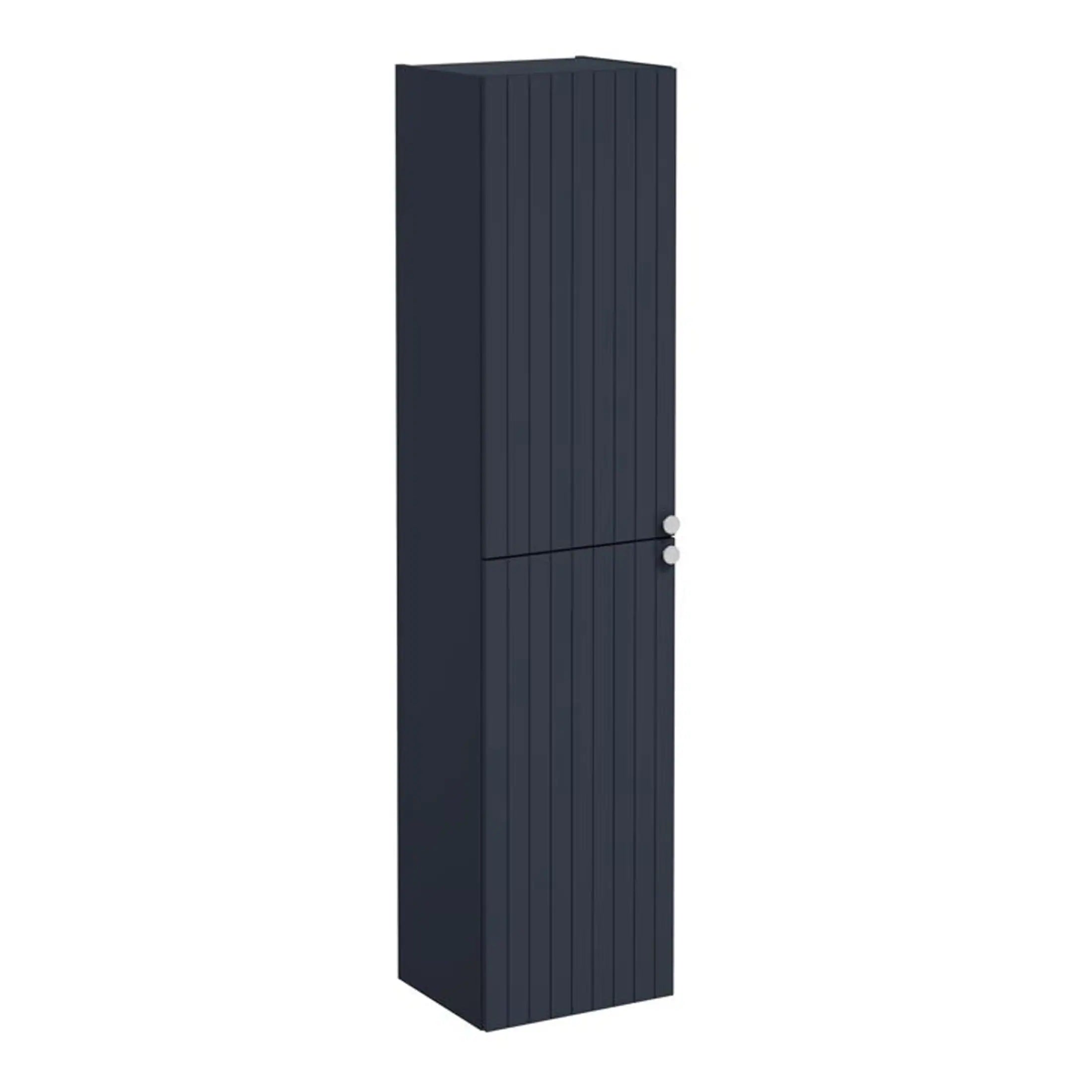 Modern navy blue bathroom storage cabinet with vertical panel design and sleek round handles for stylish organisation. Perfect for contemporary bathroom decor.