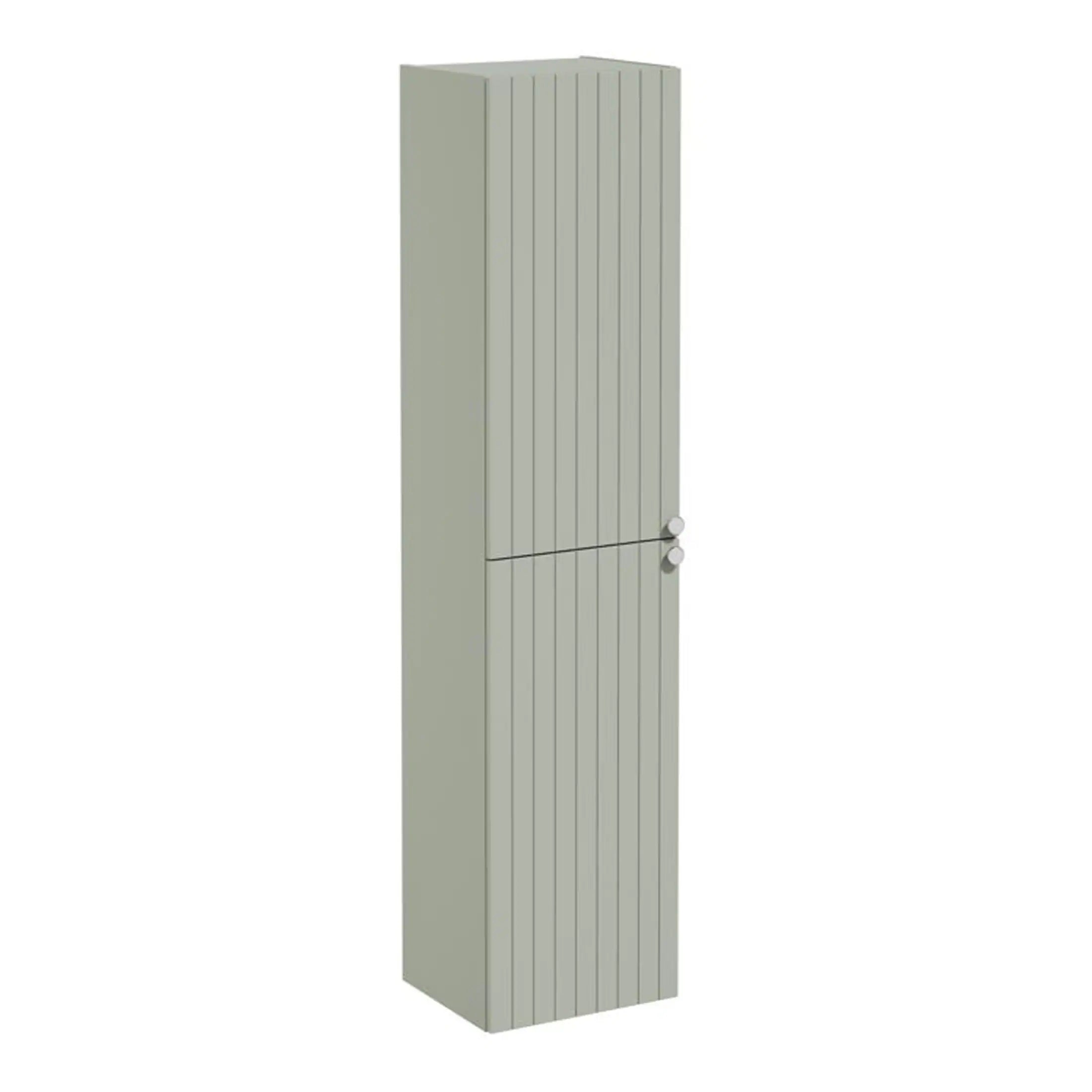 Stylish grey bathroom storage cabinet with vertical slat design, ideal for modern bathroom organisation and practicality.