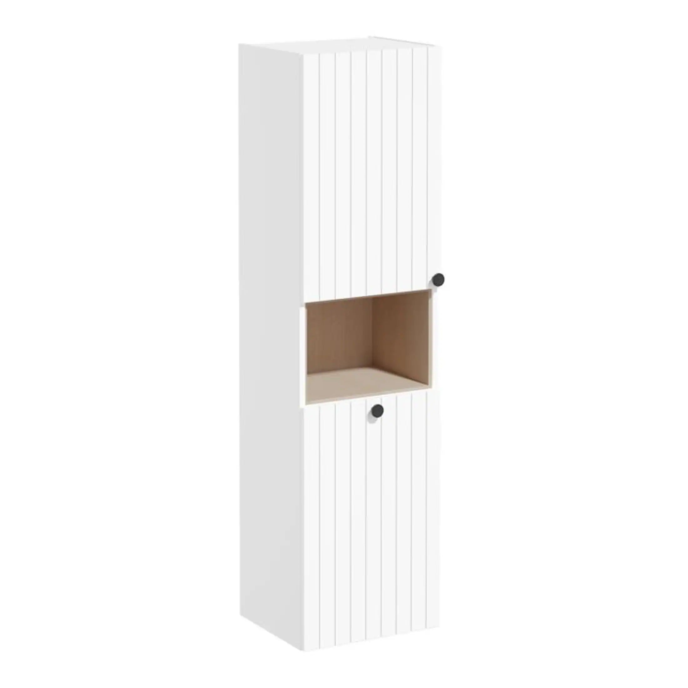 Modern white bathroom storage cabinet with open shelf and closed compartments, ideal for organising bathroom essentials in stylish black knobs, perfect for Bubly Bathrooms.