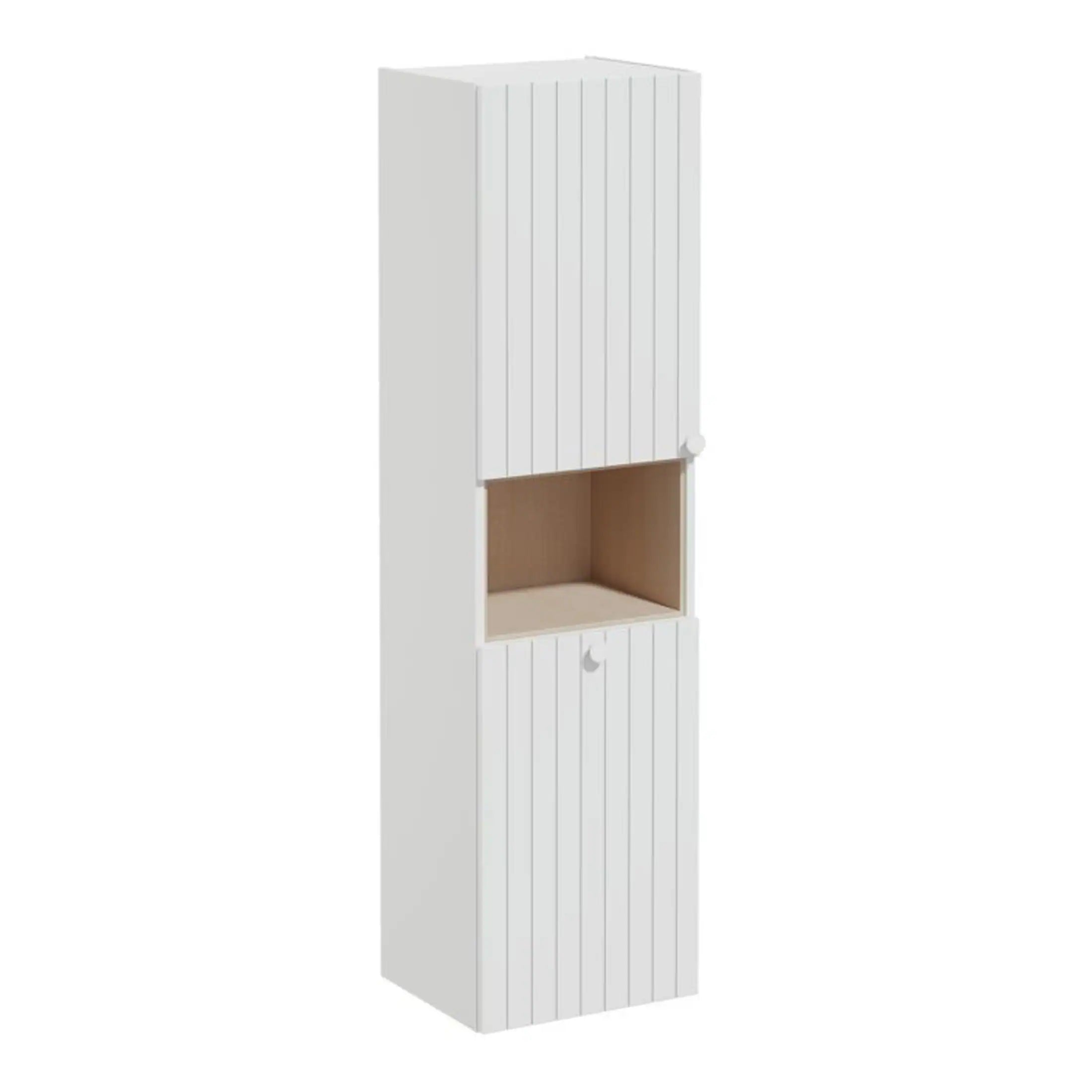 White wooden bathroom storage cabinet with open shelf and vertical panel design. Perfect for bathroom organisation and furniture. Stylish and functional for modern bathrooms.