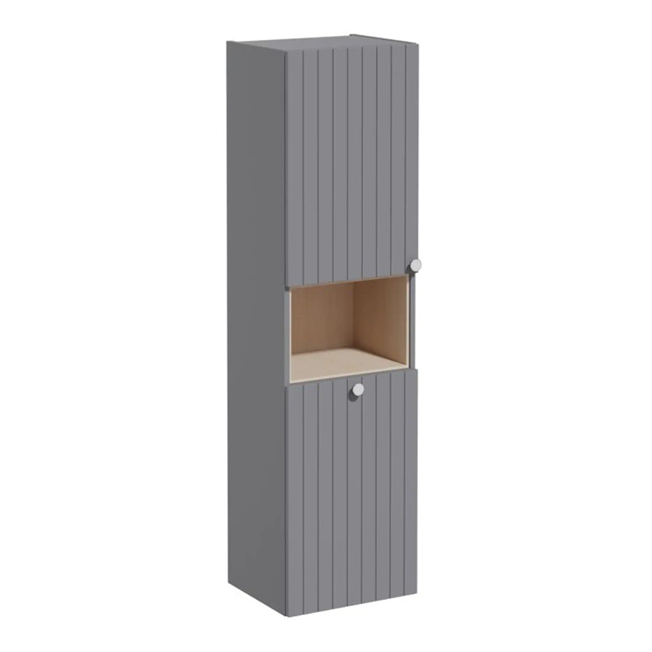 Slate grey bathroom storage cabinet with vertical panels, open shelf in the middle, and wooden accents, ideal for modern bathroom organisation.