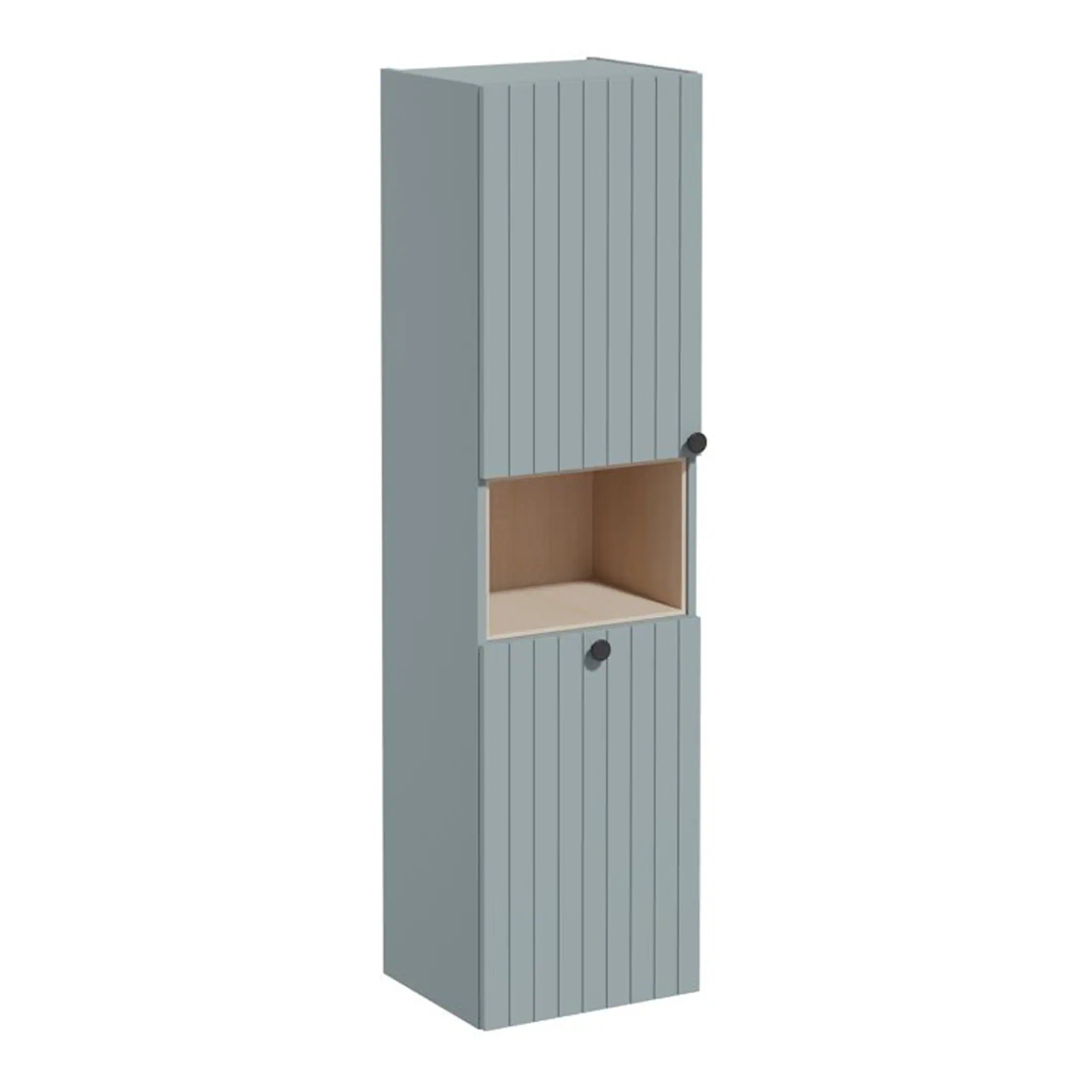 Stylish grey bathroom wall cabinet with vertical panel design, open centre shelf and black round handles, ideal for modern bathroom storage solutions.