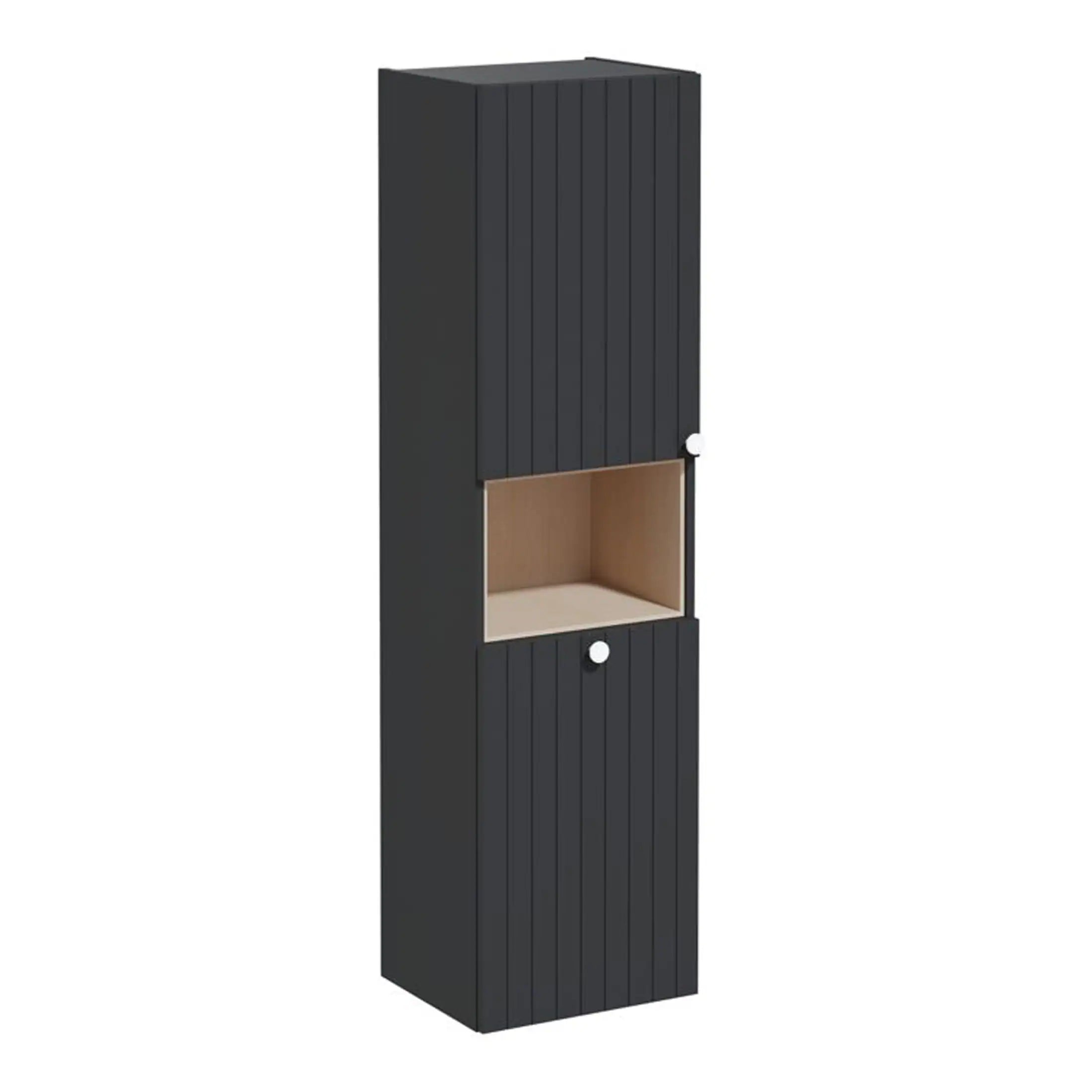 Modern black and natural wood bathroom storage cabinet with vertical slat design, featuring open and closed compartments for organised bathroom essentials. Perfect for contemporary bathrooms.