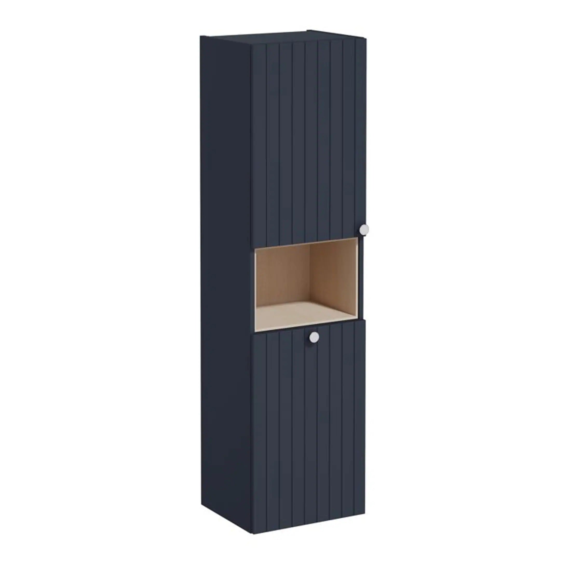 Modern navy blue bathroom storage cabinet with wooden interior and minimalist design, ideal for bathroom organisation and decor.