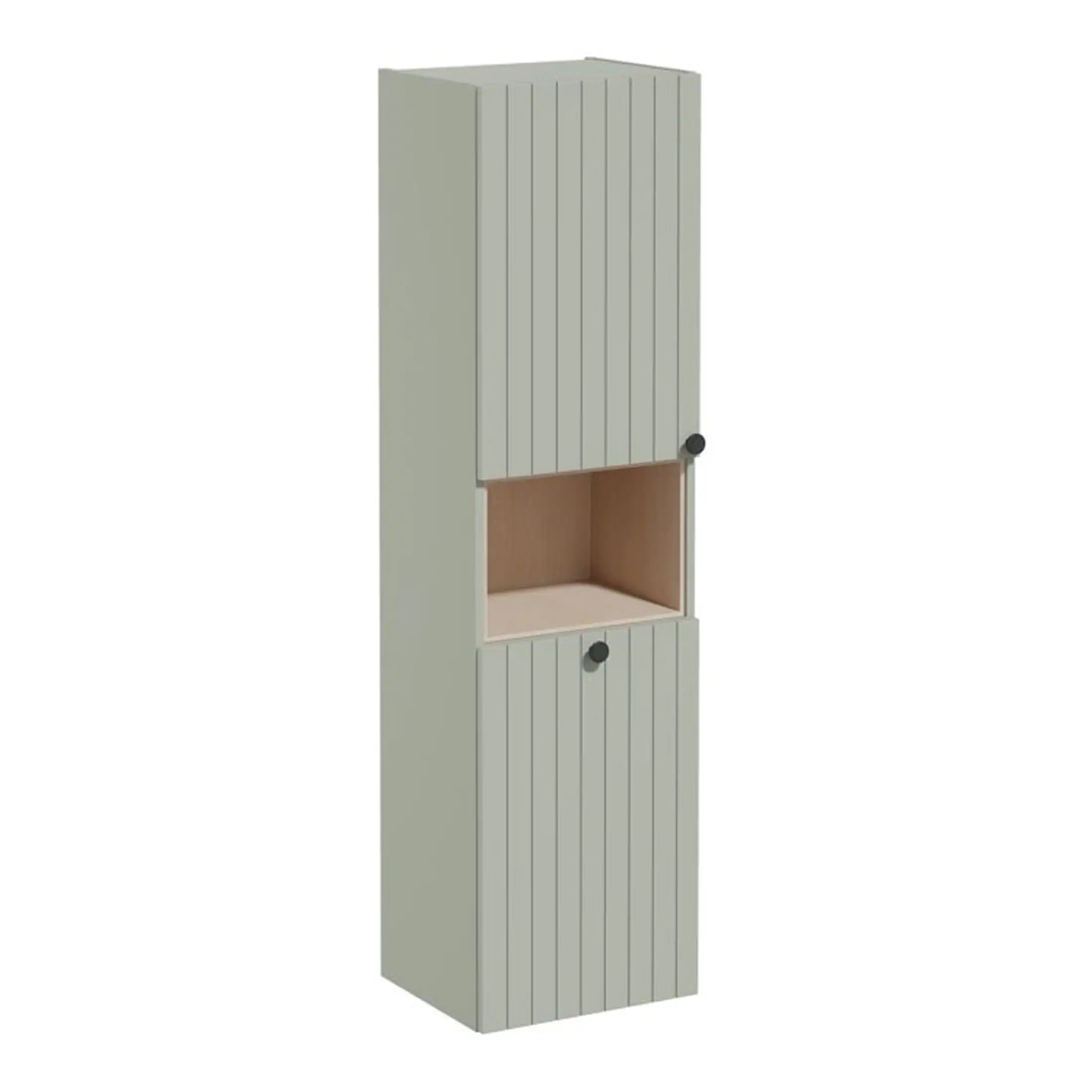 Vertical wooden bathroom storage cabinet with pegboard design, storage shelves, and round black knobs, ideal for contemporary bathroom organisation.