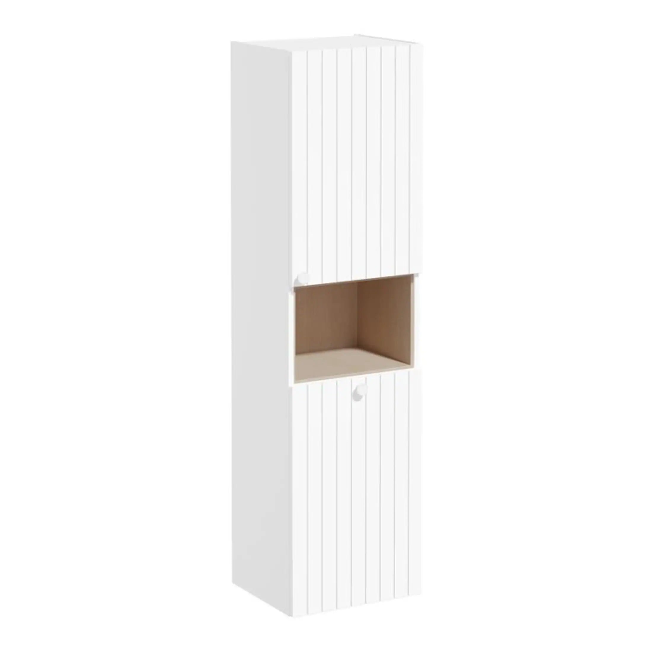 White bathroom storage cabinet with vertical panel design and open shelf section for bathroom essentials. Perfect for modern bathroom organisation, made by Bubly Bathrooms.