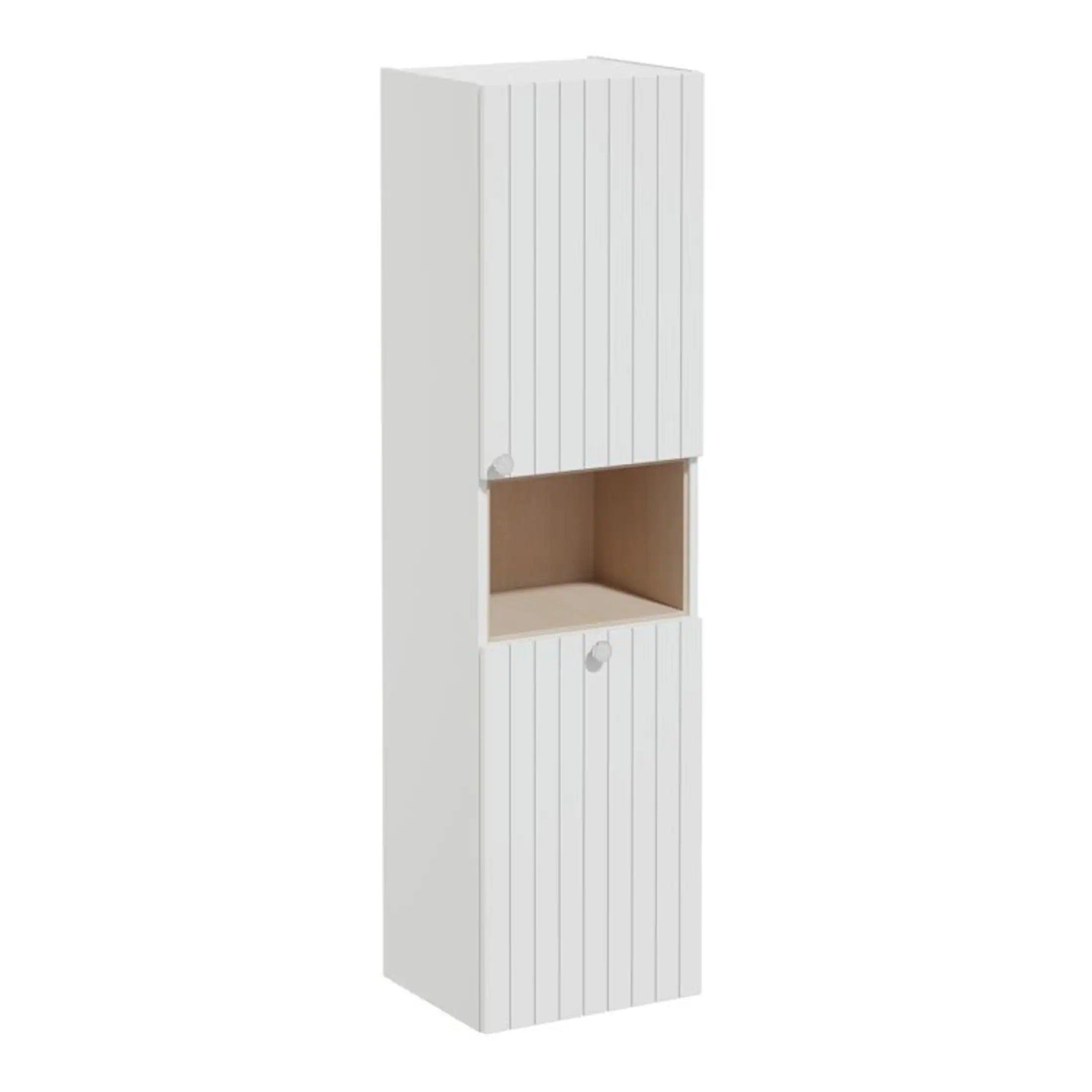 Modern white bathroom storage cabinet with vertical panel detailing, open middle shelf, and concealed storage for organised bathroom essentials.