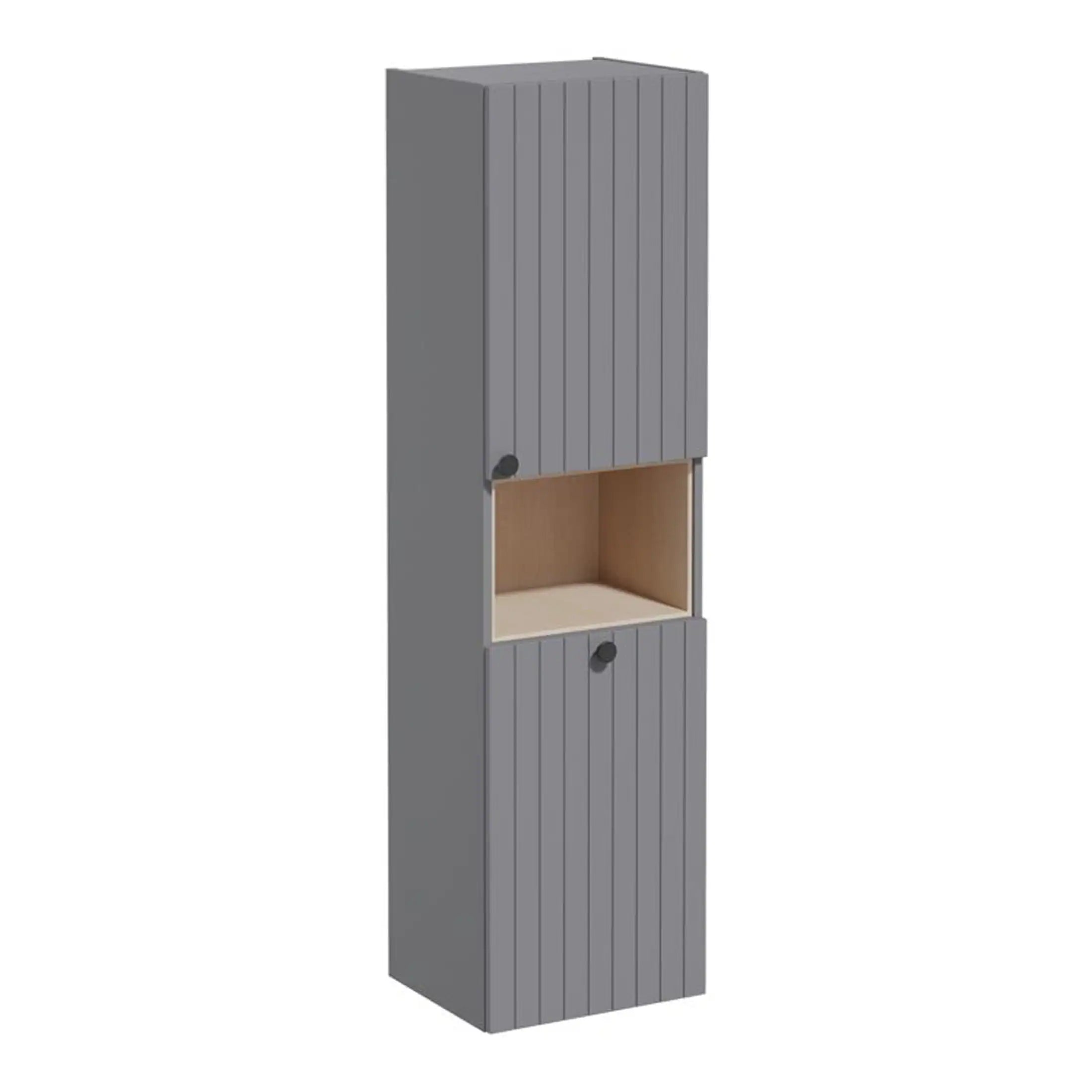 Modern grey bathroom storage cabinet with vertical slat design, featuring a central open shelf, ideal for bathroom organisation and sleek interior styling.