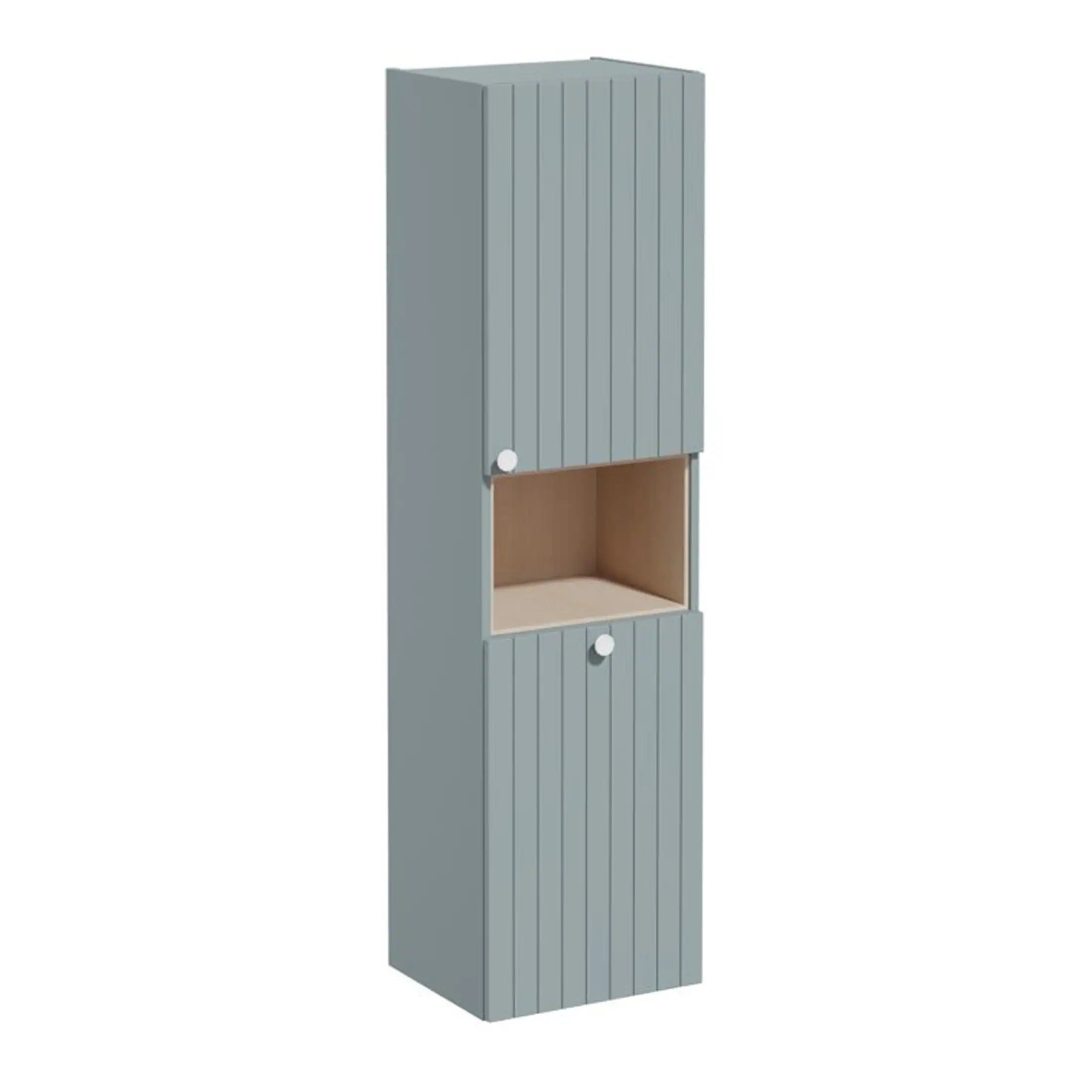 Modern grey bathroom storage cabinet with vertical slat design and open shelf, ideal for organising bathroom essentials and enhancing bathroom decor.