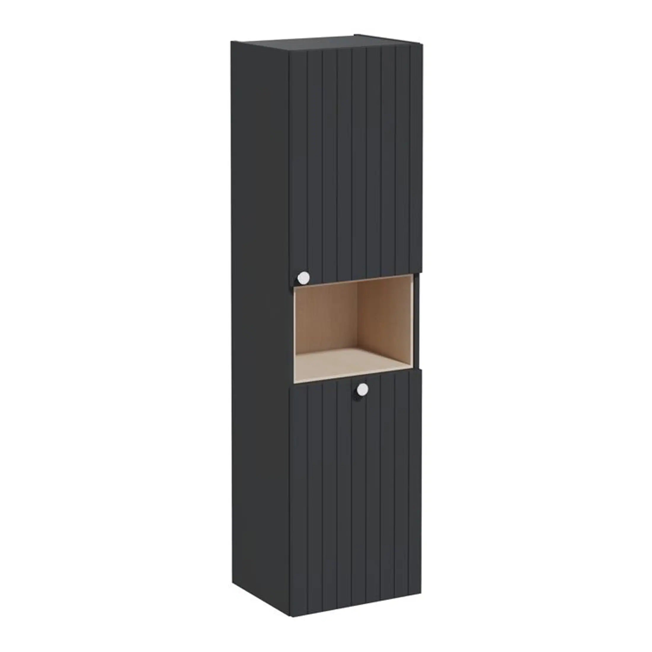 Slim black bathroom storage cabinet with wood accents for modern bathroom organisation and design.