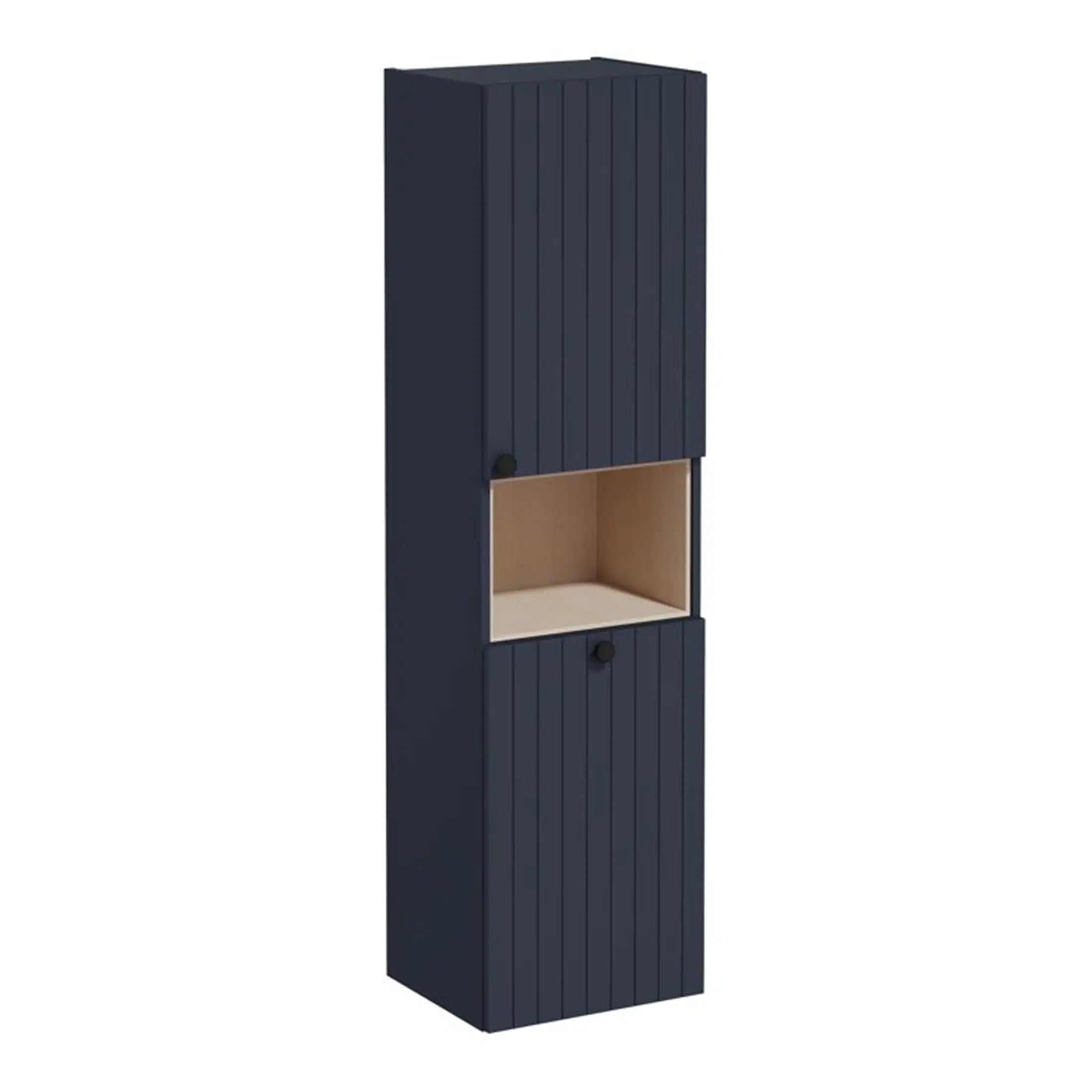 Stacked bathroom cabinet in navy blue with a natural wood open shelf, ideal for bathroom storage. Perfect for organising toiletries and towels in a modern bathroom setting.