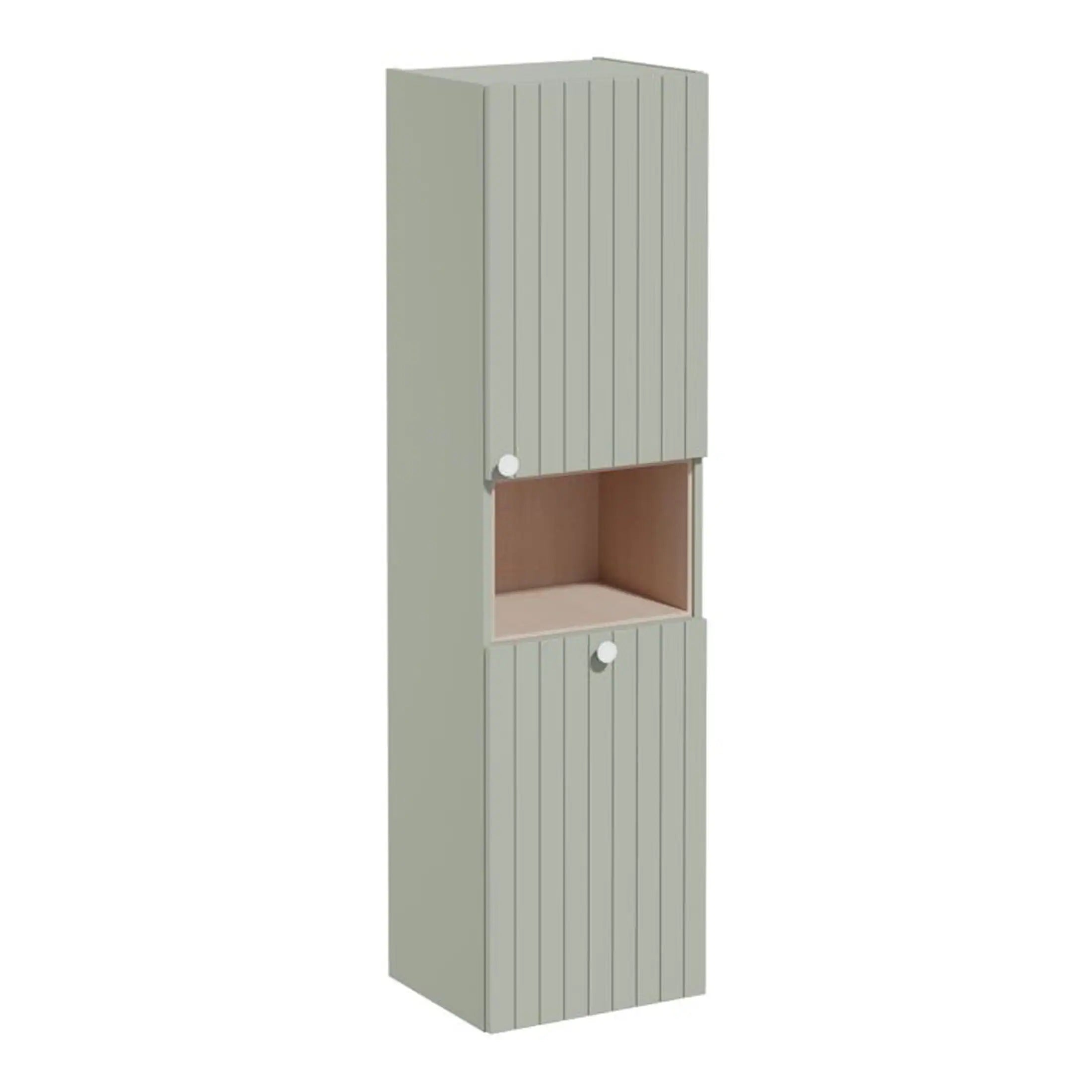 Natural grey bathroom storage cabinet with wooden accents, ideal for organising toiletries and towels in modern bathrooms. Durable and stylish, perfect for bathroom remodels.