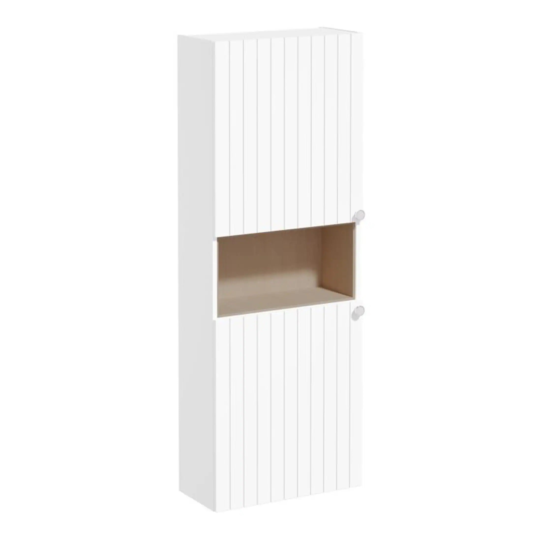 White bathroom wall cabinet with open shelf and vertical paneling for storage and organisation.