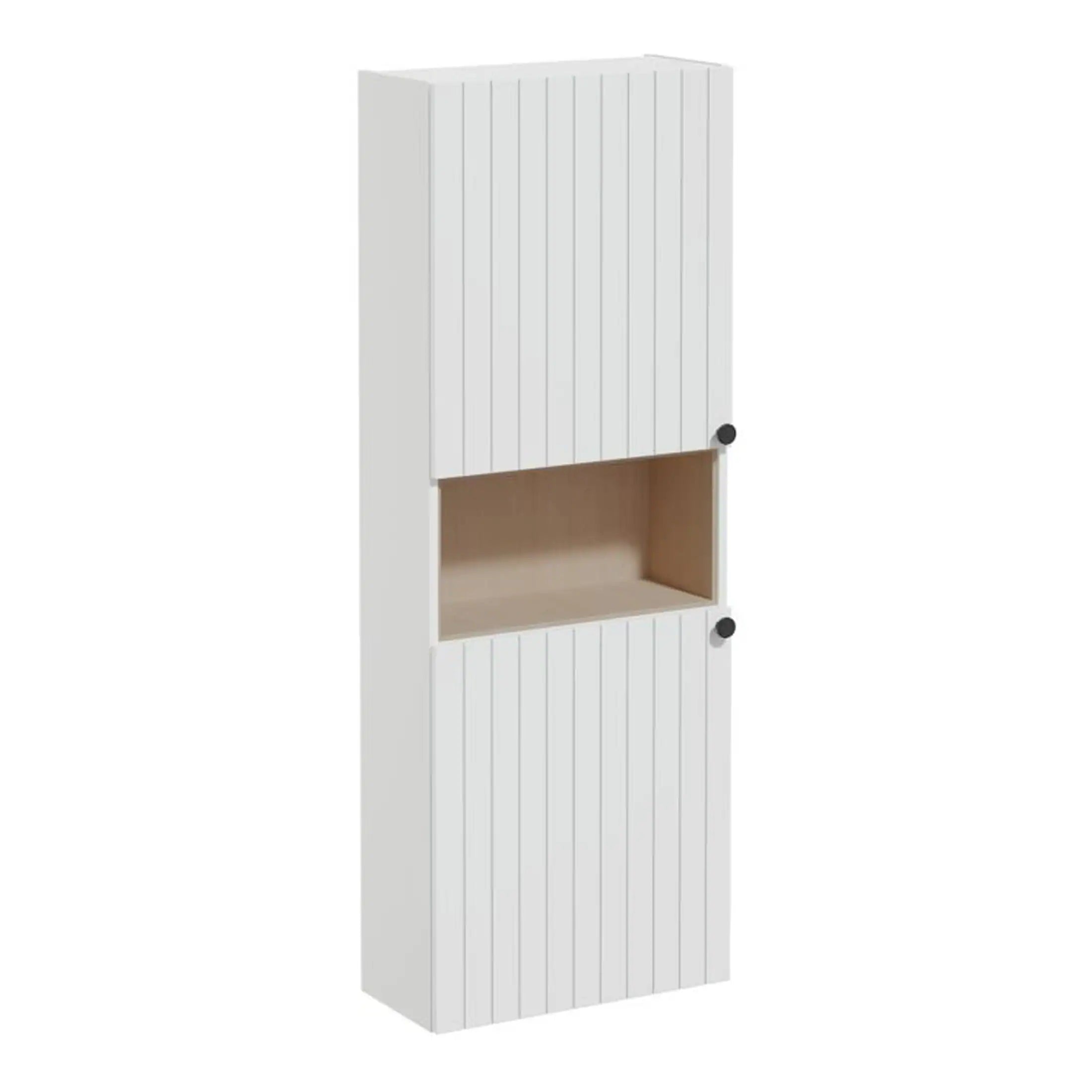 Modern white bathroom wall cabinet with wood inner shelf for bathroom storage solutions.