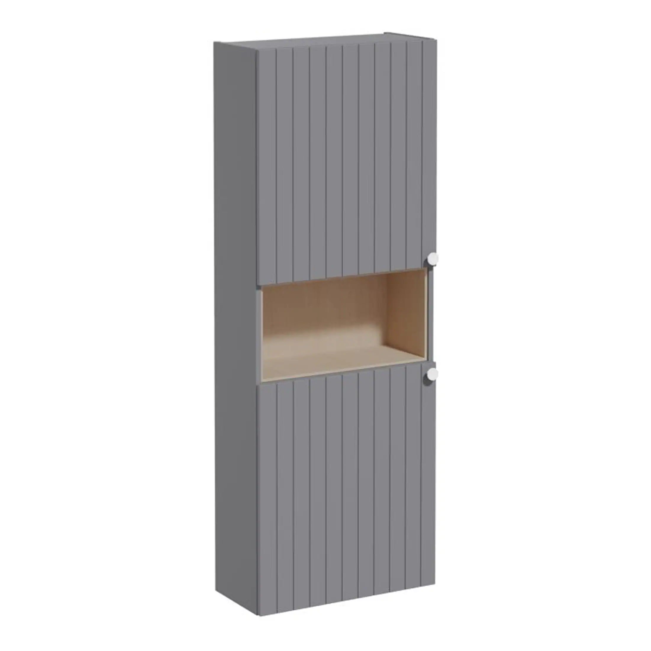 Modern grey bathroom cabinet with wooden interior and vertical panel design, ideal for bathroom storage and organisation. Suitable for contemporary bathroom decor and space-saving solutions.