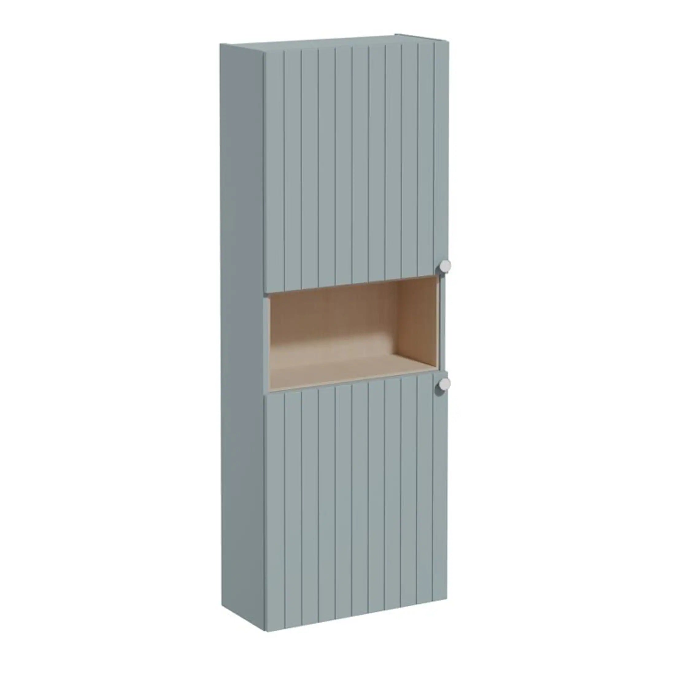 Stylish grey bathroom storage cabinet with vertical slat design, open shelf for toiletries, and sleek round handles, perfect for modern bathrooms.
