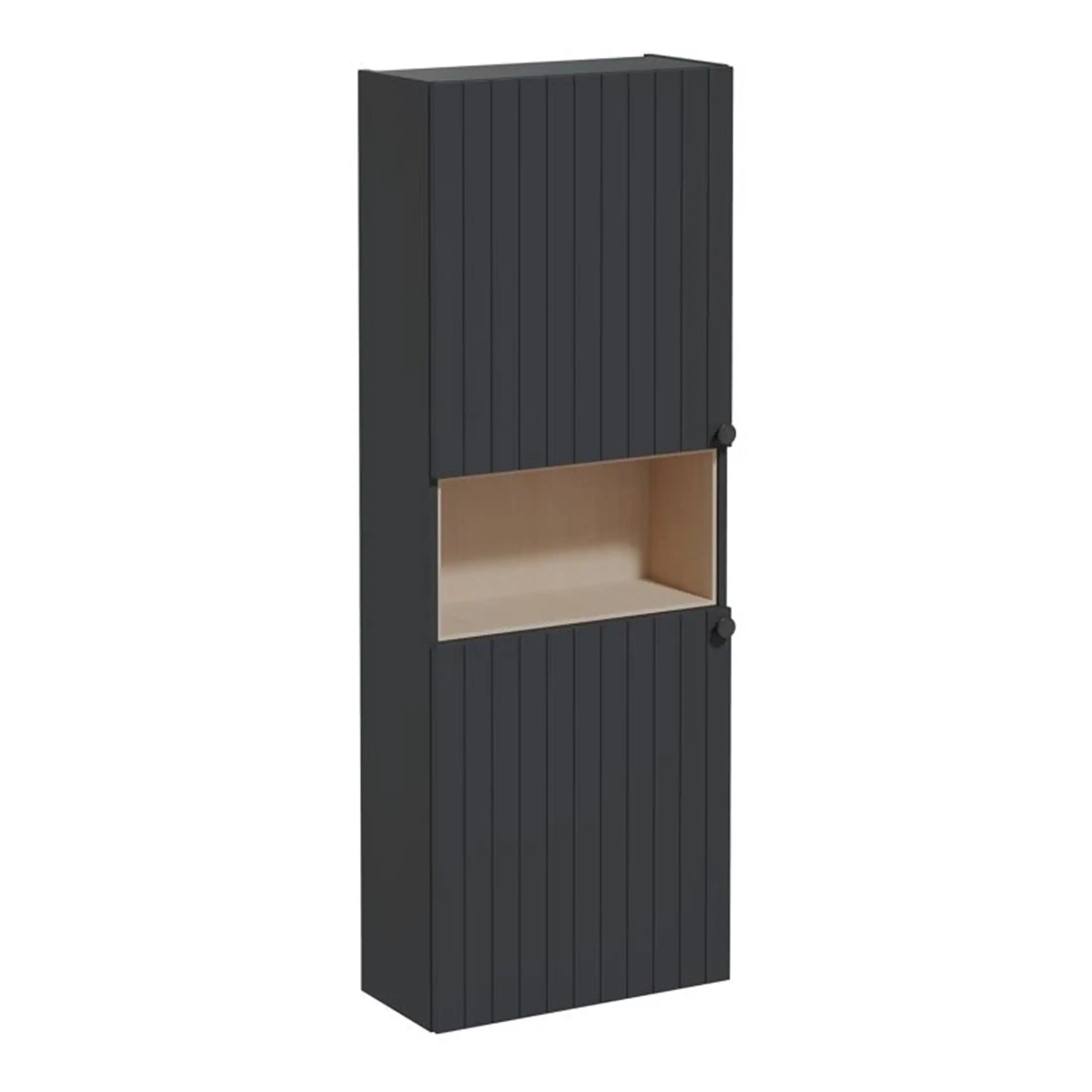 Black bathroom storage cabinet with vertical panel design and open shelving for modern bathroom organisation.