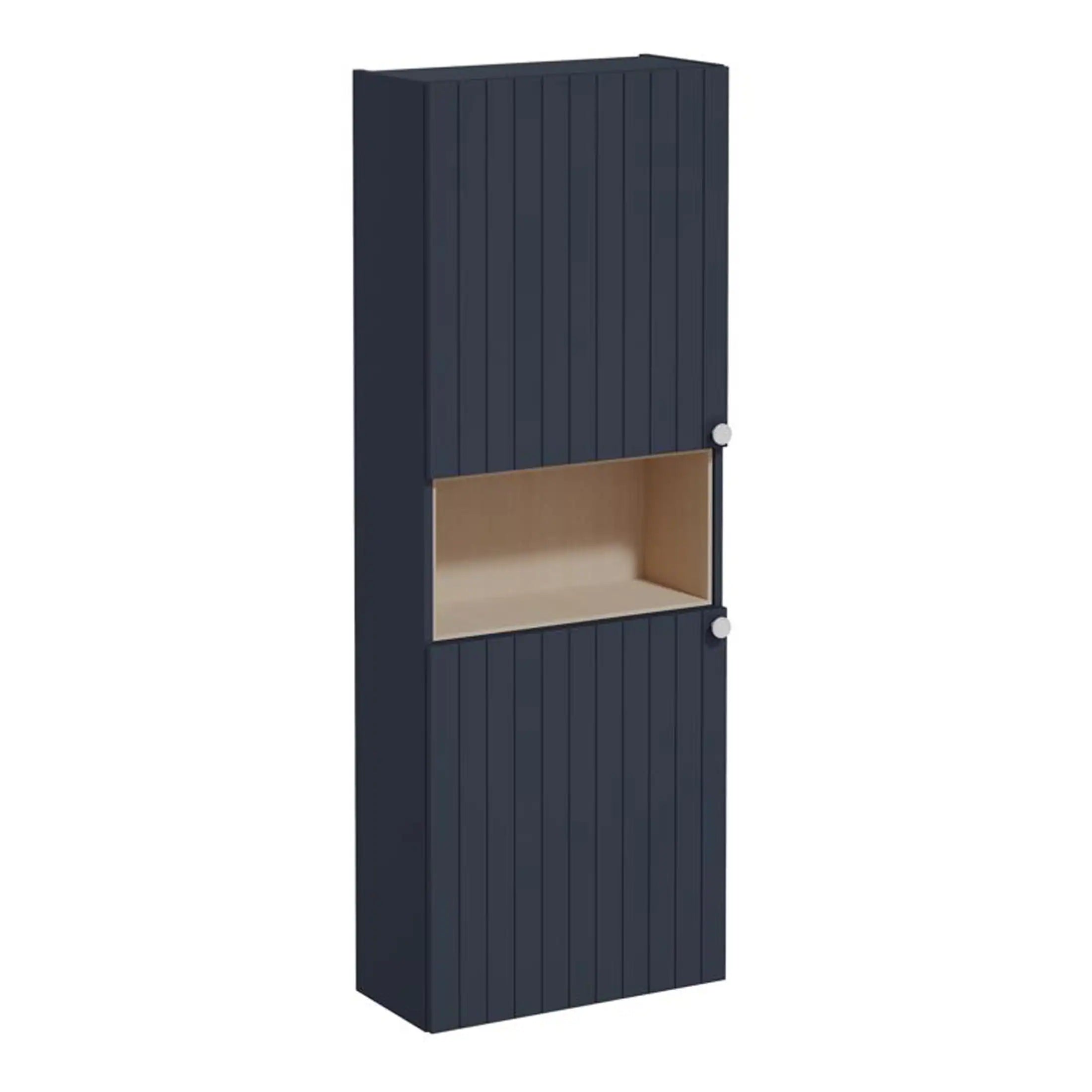 Modern navy blue bathroom storage cabinet with open shelf and wood interior, ideal for bathroom organisation and stylish design.