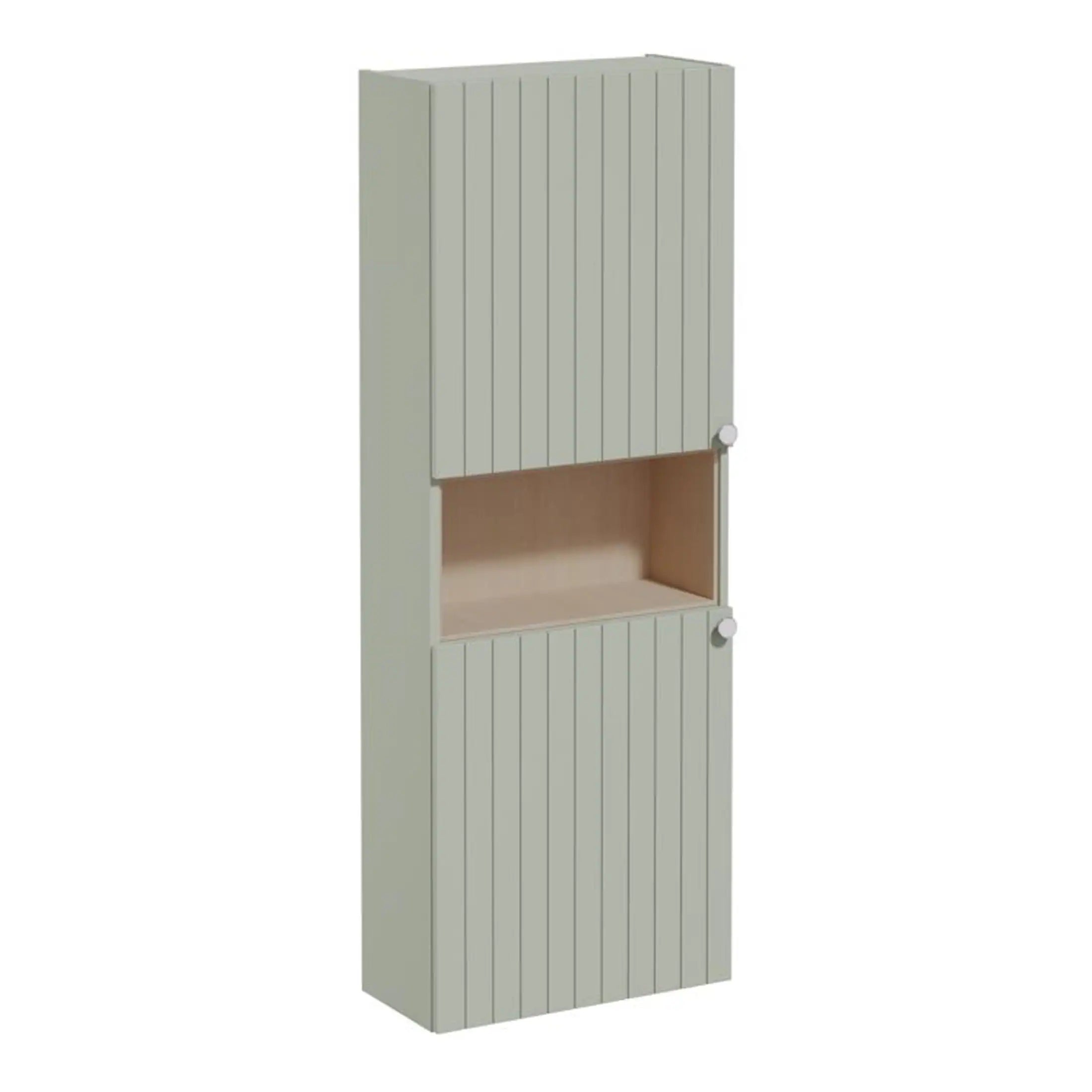 Clean modern bathroom storage cabinet with vertical panel design and open shelf, ideal for organising toiletries in a contemporary bathroom setting.