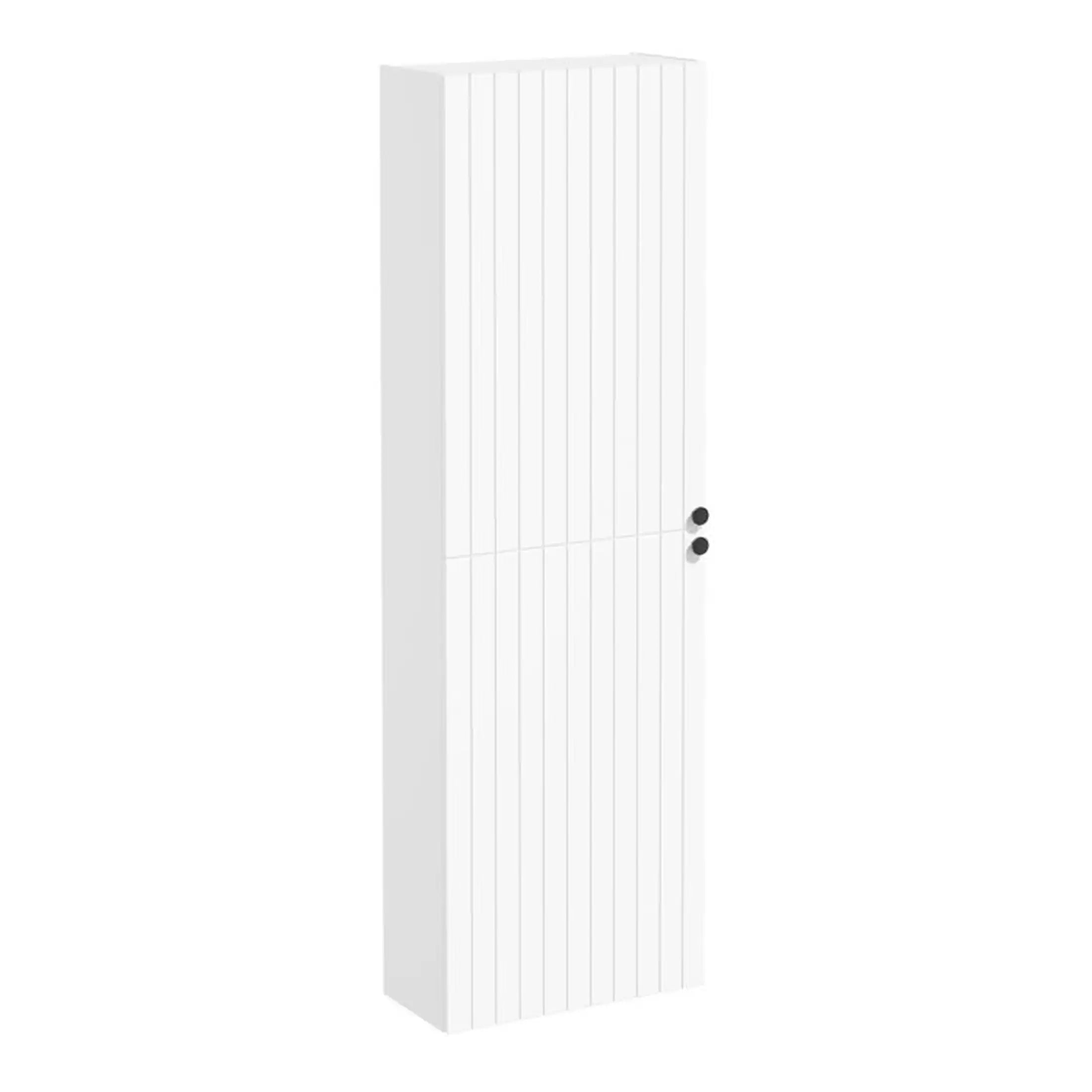 Modern white bathroom storage cabinet with vertical panel design, ideal for organising toiletries and essentials in contemporary bathrooms.