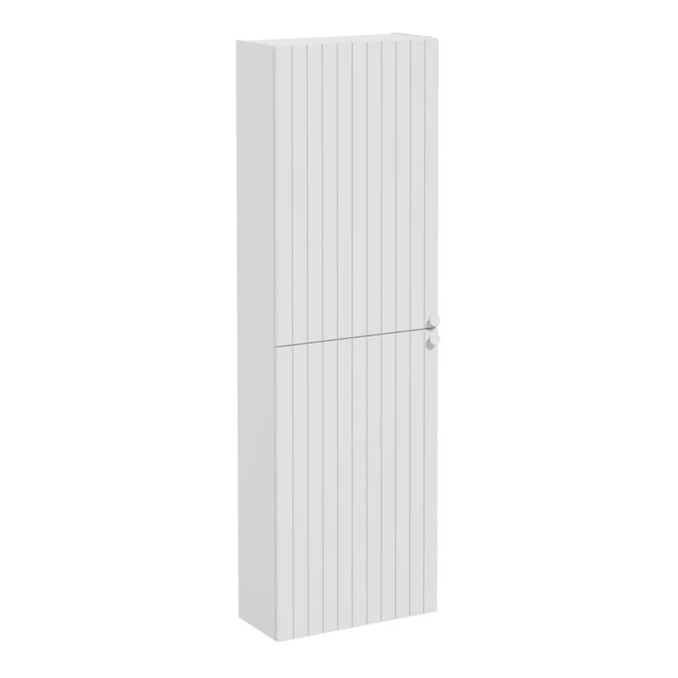 Slim white storage cabinet with vertical panel design, ideal for bathroom organisation, made from durable, moisture-resistant materials for home bathroom storage solutions.