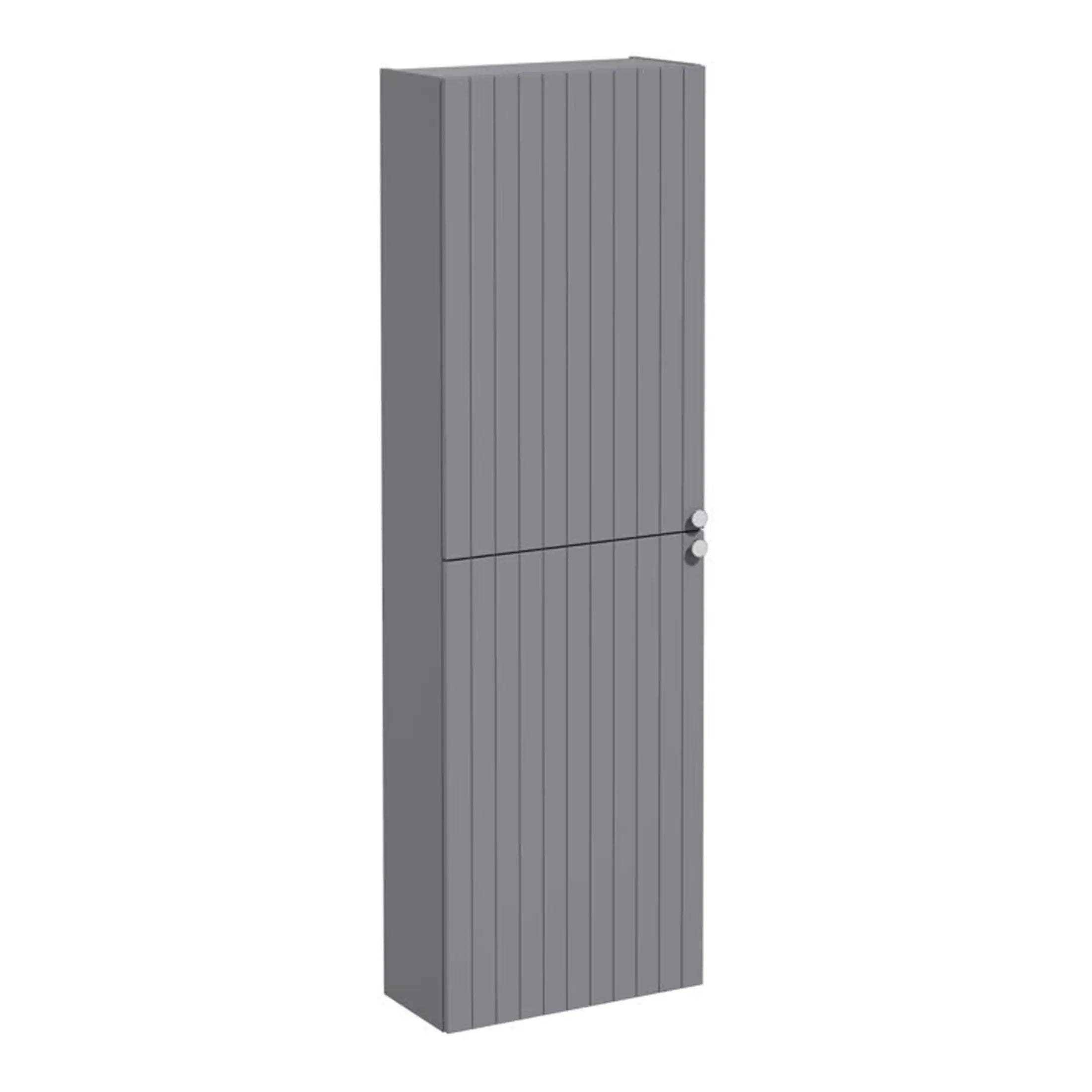 Sleek grey bathroom storage cabinet with vertical ridges, compact design, and discreet handles, ideal for modern bathroom organisation.