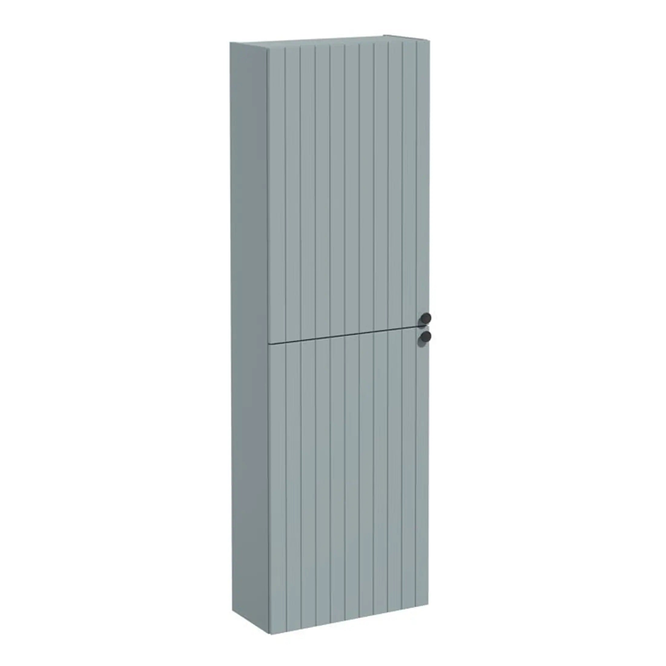 Stylish grey bathroom cupboard with vertical slat design, perfect for storage in modern bathrooms and creating a clean, organised space.