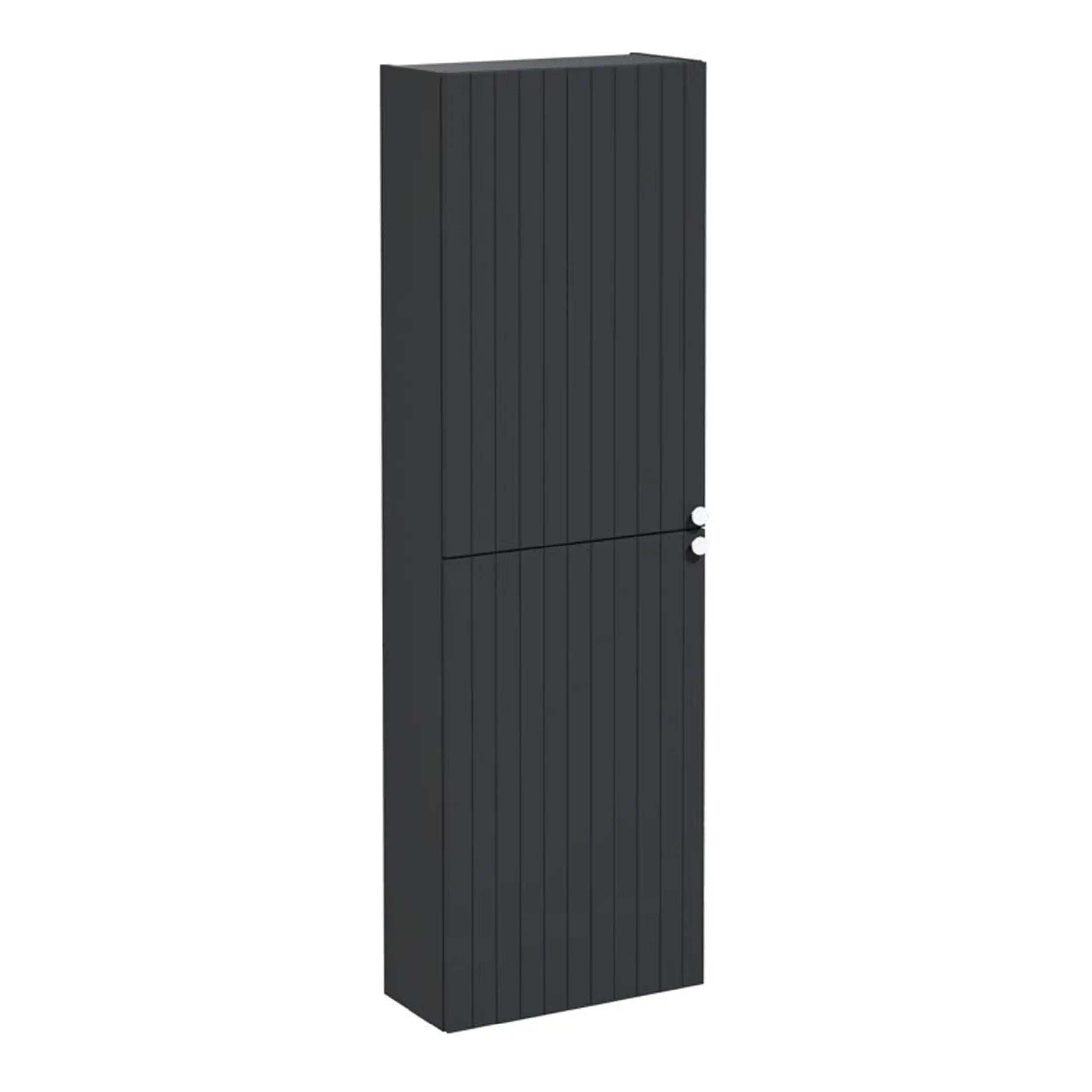Sleek black wooden bathroom storage cabinet with vertical panel design, ideal for modern bathrooms, offering ample space for toiletries and accessories.