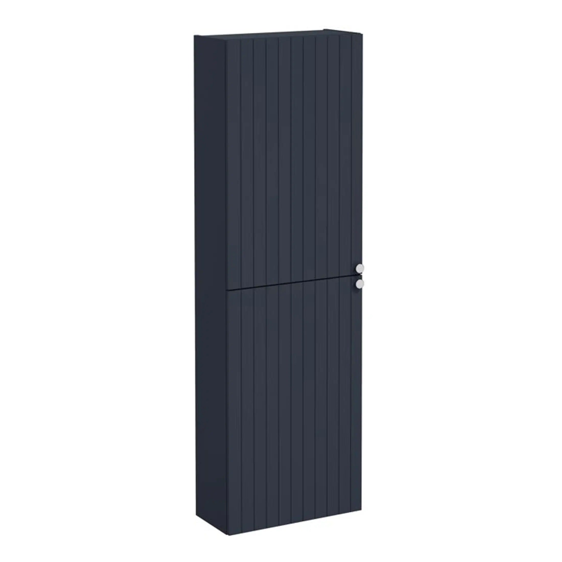 Deep navy blue bathroom storage cabinet with vertical slats and sleek metal handles, ideal for modern and contemporary bathroom organisation.