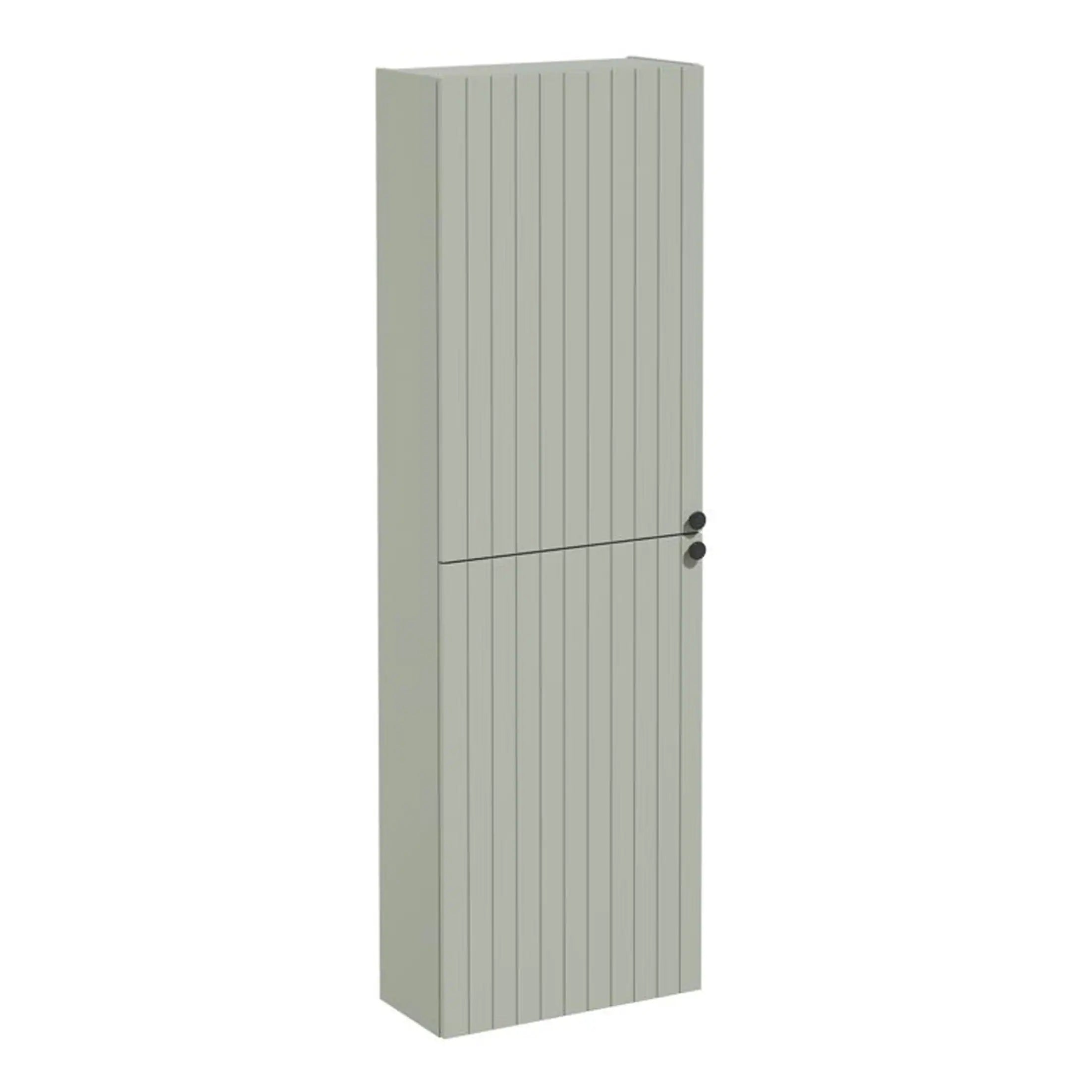 Vertical grey bathroom storage cabinet with wooden slat design and black round handles, ideal for modern bathroom organisation.