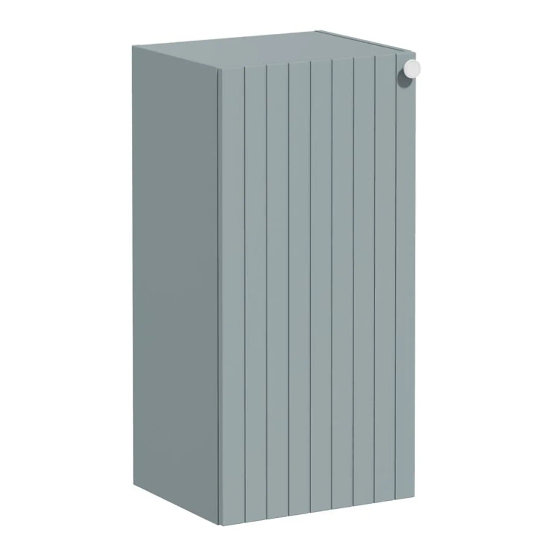 Sliding outdoor storage cabinet for garden tools and equipment, made of durable grey wood with vertical slats and a round handle, ideal for modern bathroom and garden storage solutions.