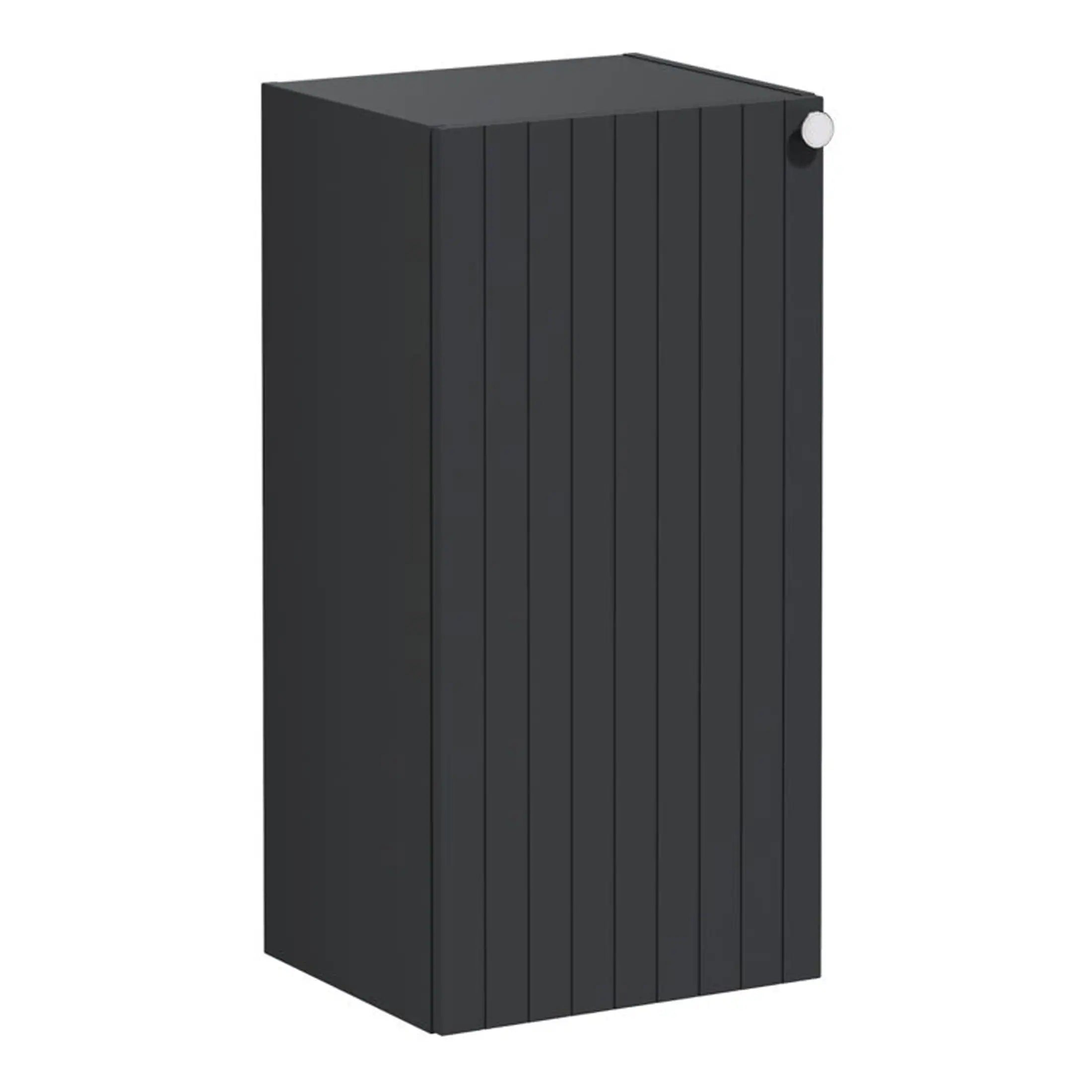 Modern black bathroom storage cabinet with vertical slat design and a small white round handle. Perfect for complementing contemporary bathroom decor. Durable and stylish for organised spaces.