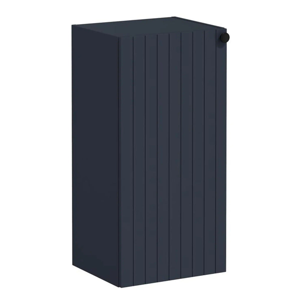 Dark blue wooden bathroom cabinet with vertical panel design and round black knob handle. Ideal for modern bathroom storage solutions.