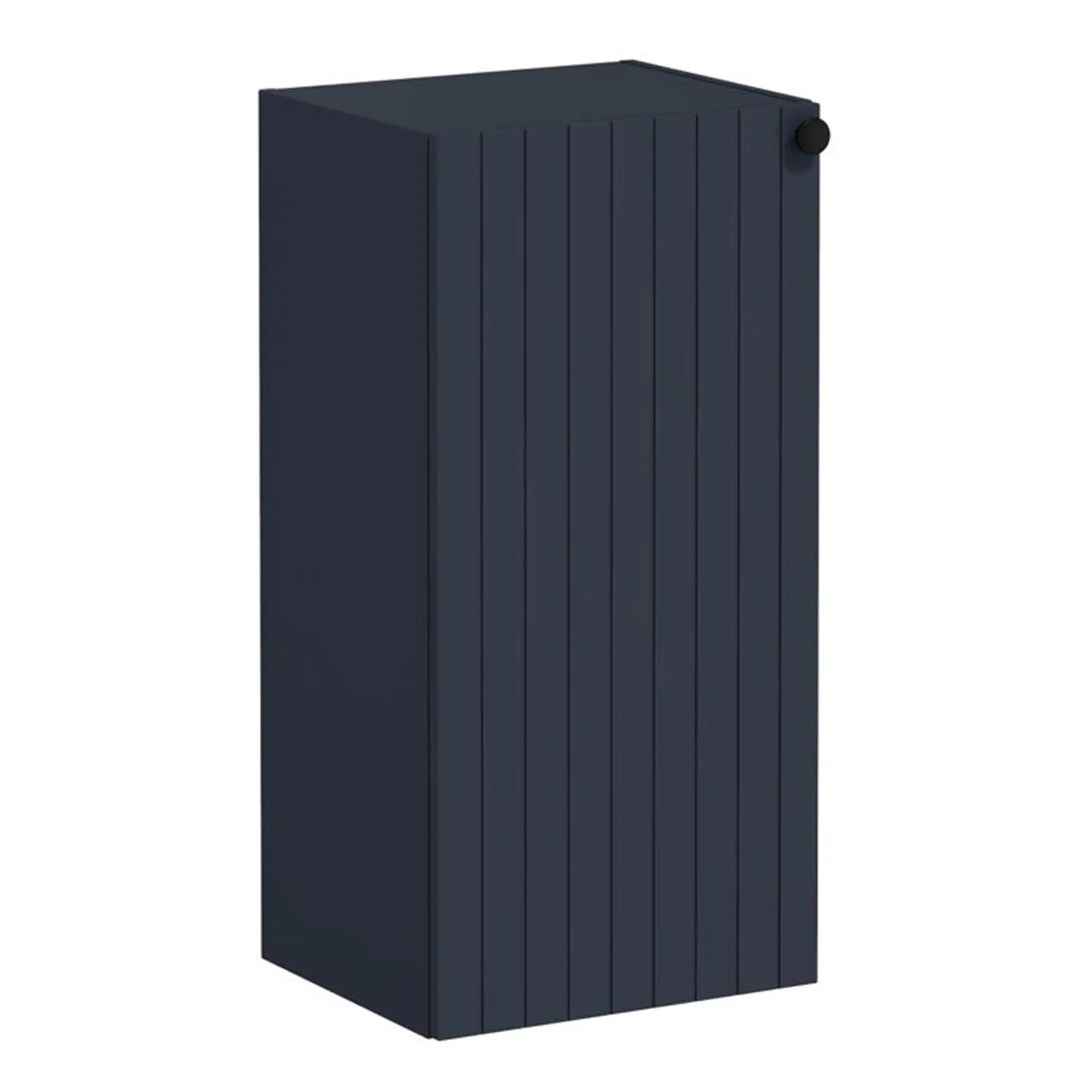 Dark blue wooden bathroom cabinet with vertical panel design and round black knob handle. Ideal for modern bathroom storage solutions.