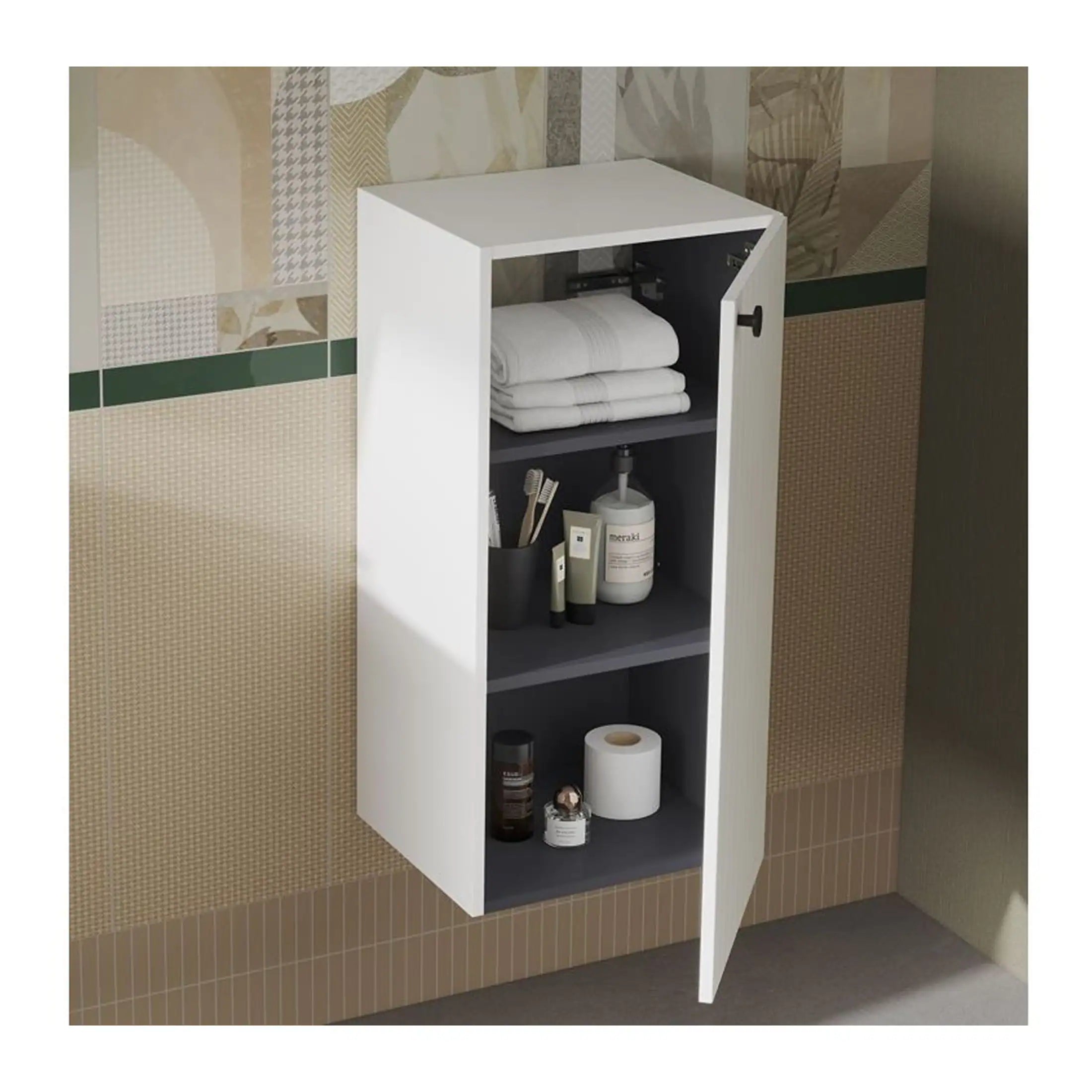 Neatly organised bathroom wall-mounted storage cabinet with shelves holding towels, toiletries, and toilet paper, ideal for modern bathroom decor and space-saving solutions.
