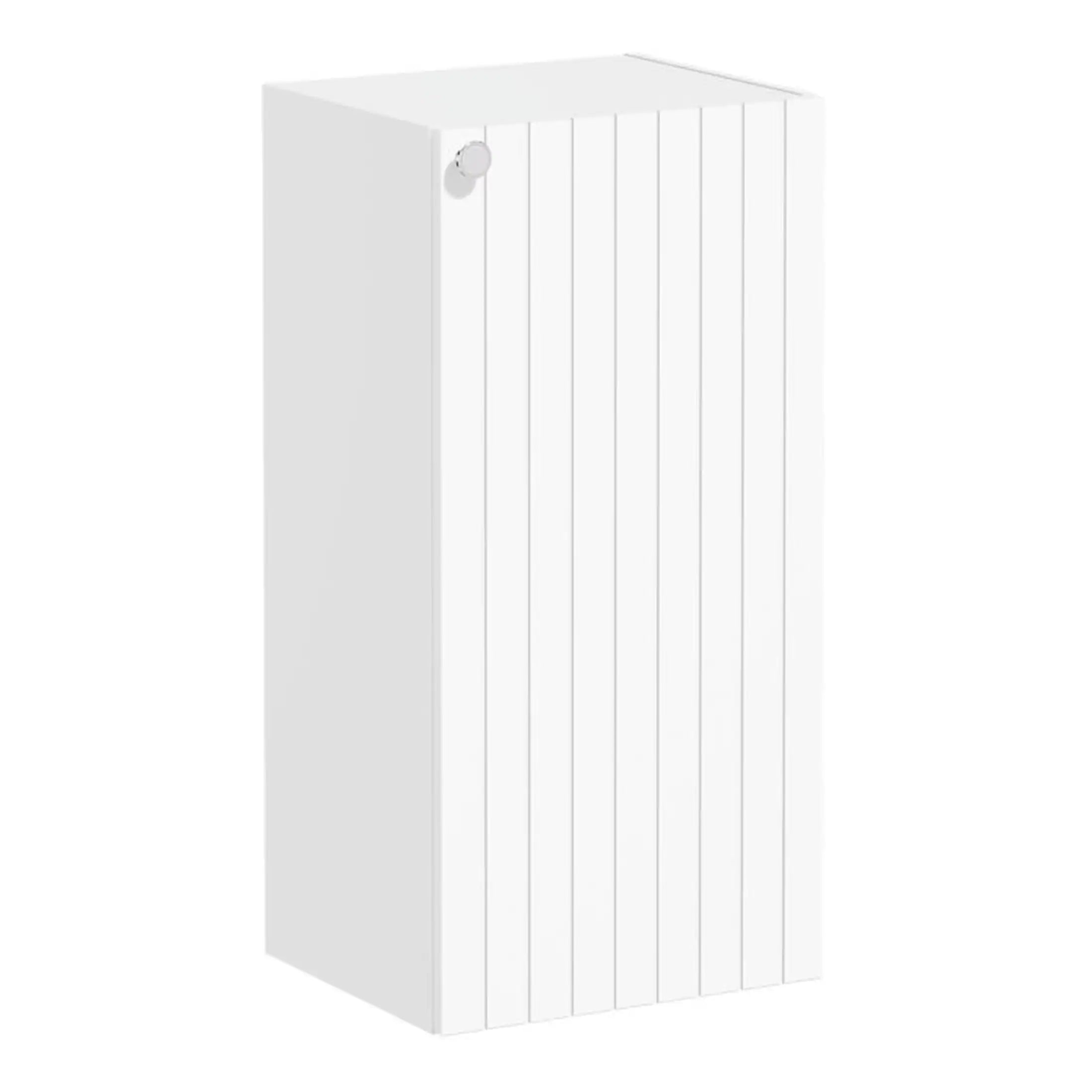 Contemporary white bathroom storage cabinet with vertical panel design, ideal for organising bathroom essentials and enhancing space aesthetics. Perfect for modern bathroom interiors.