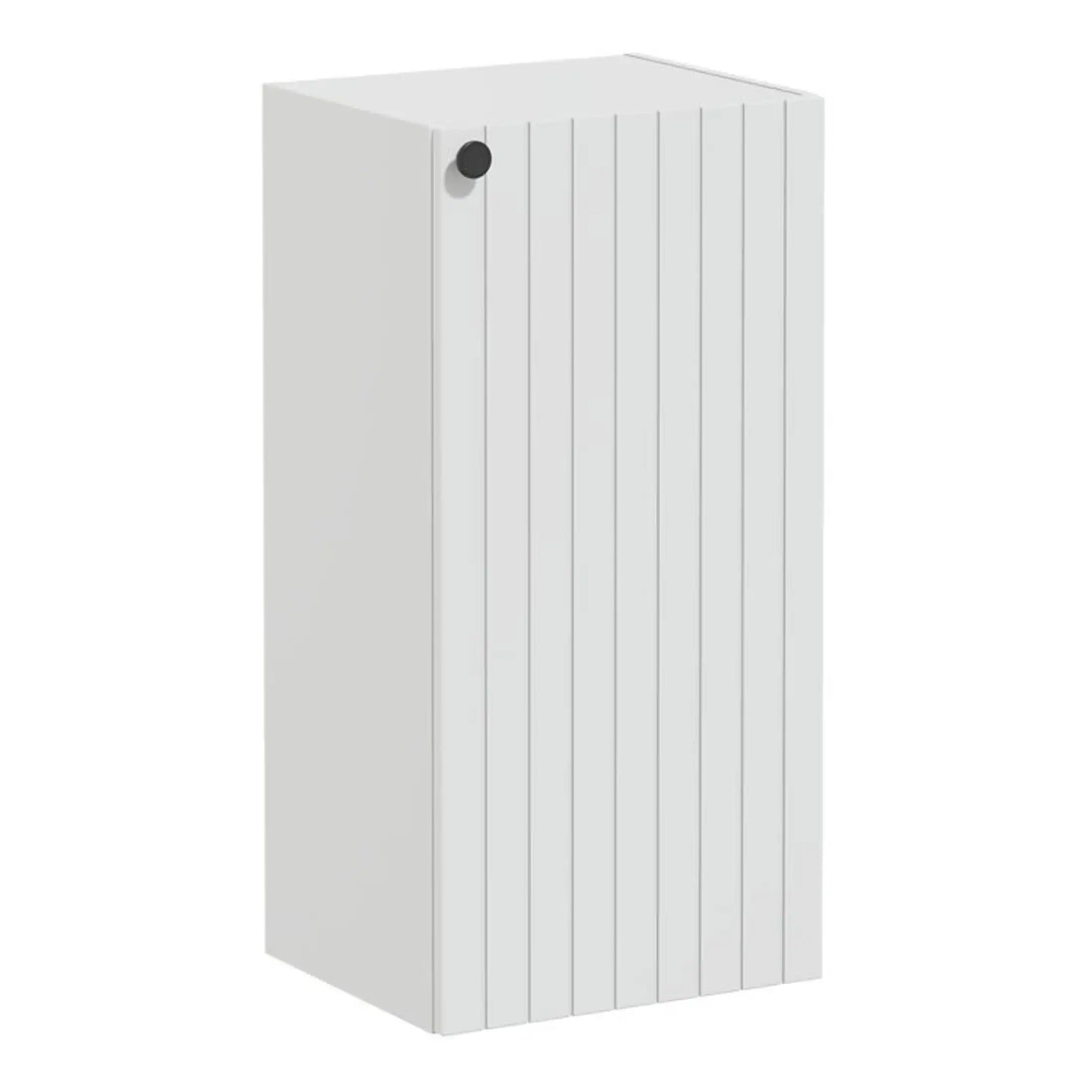 Modern white bathroom storage cabinet with sleek vertical panel design and black round handle, ideal for bathroom organisation and decor.