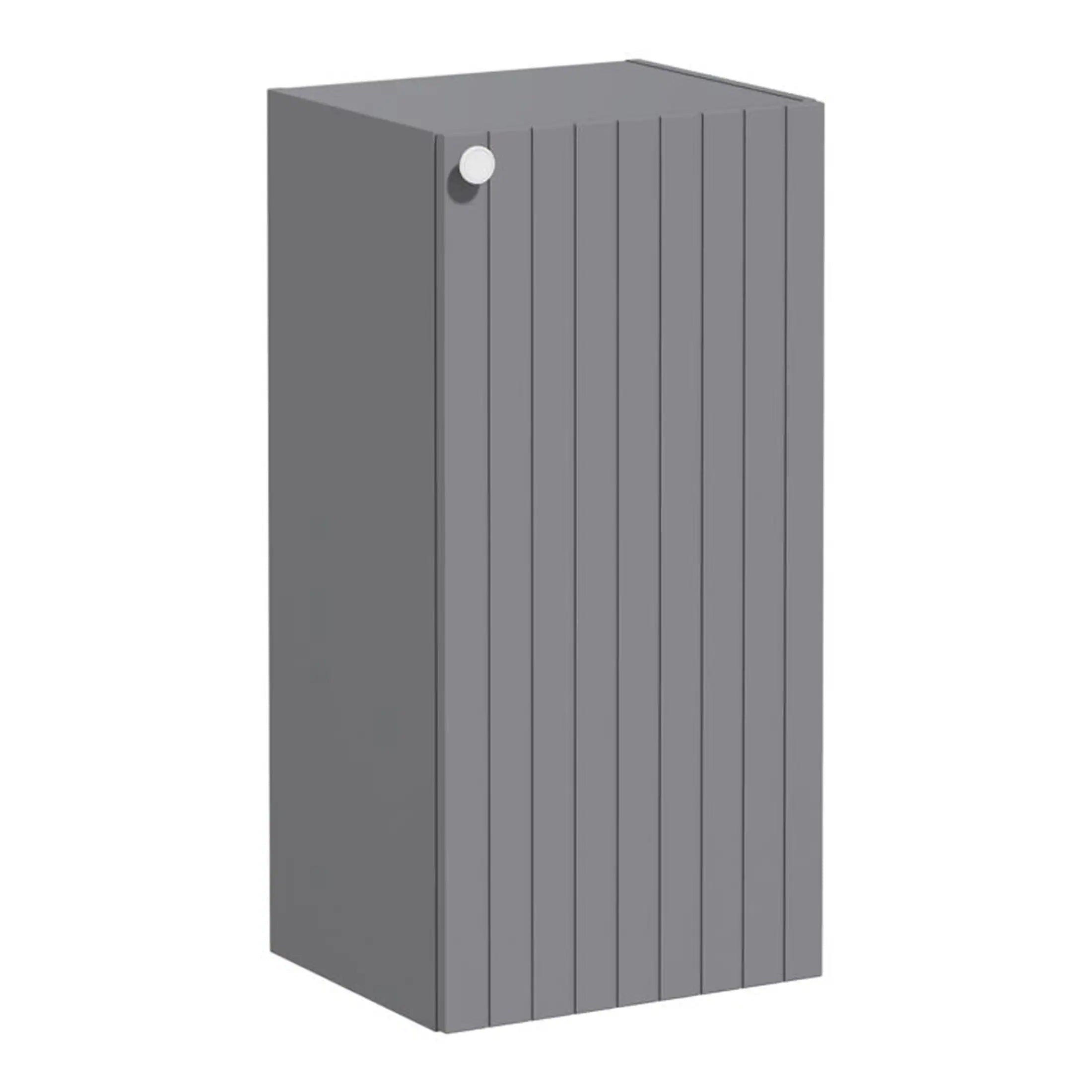 Gray wooden bathroom storage cabinet with door and handle, modern and sleek storage solution for contemporary bathrooms.