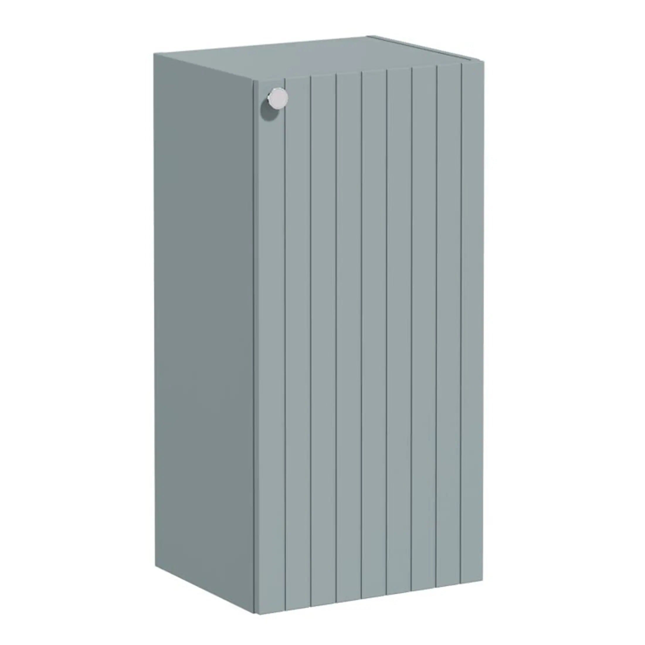 High-quality grey bathroom storage cabinet with vertical panels, ideal for organising bathroom essentials and enhancing space with a modern, sleek design.