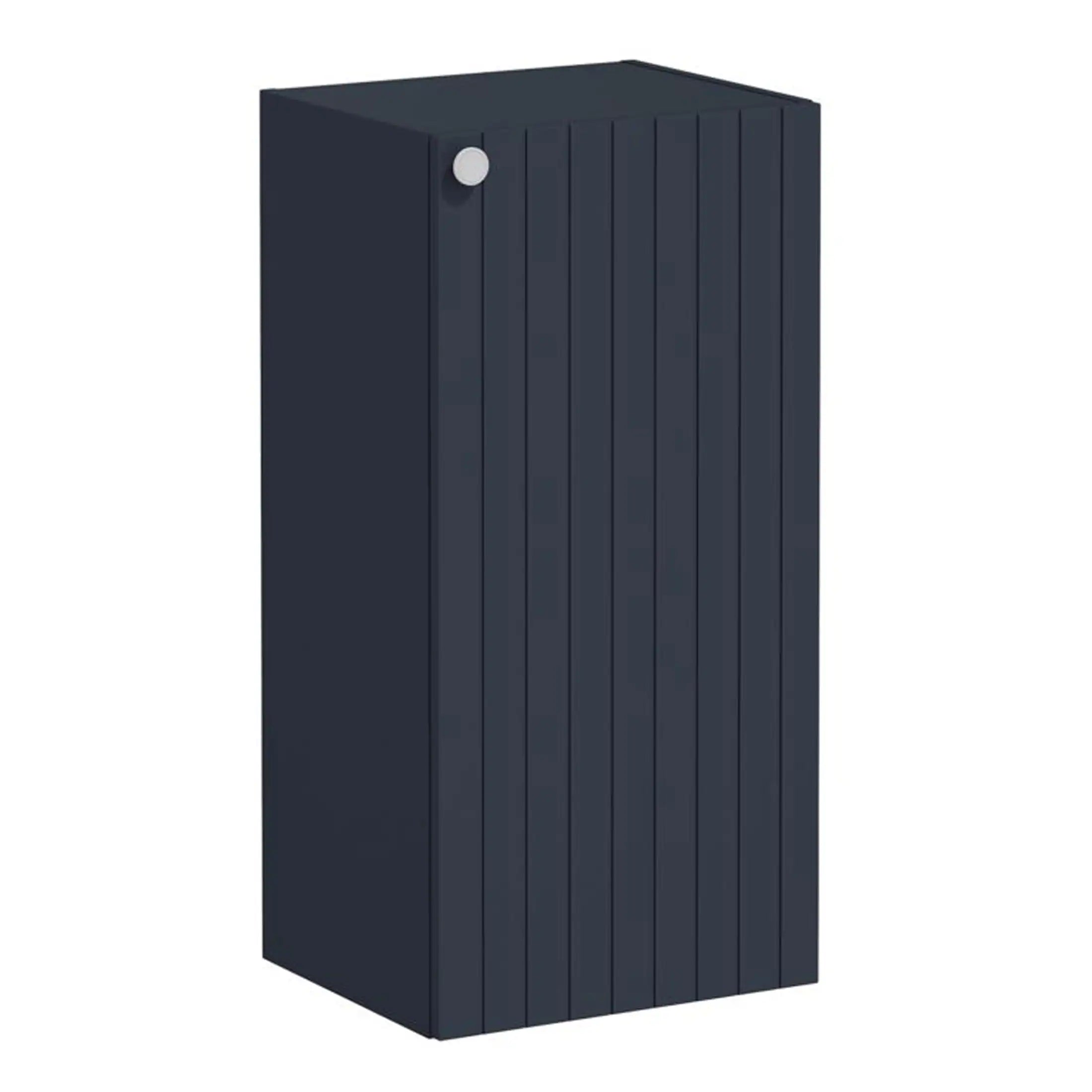 Modern navy bathroom storage cabinet with a vertical slatted design and a minimalist round handle, ideal for contemporary bathroom organisation.