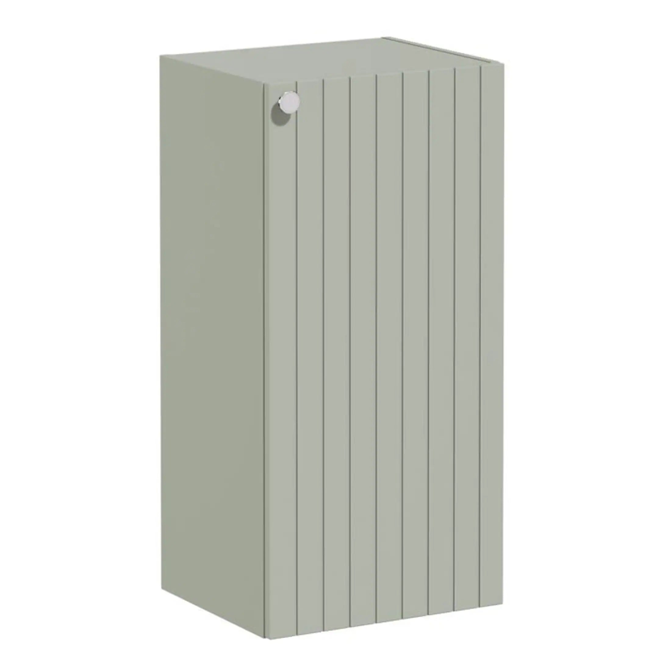 Modern grey bathroom storage cabinet with vertical panel design and a small round handle for space-efficient organised bathroom storage.