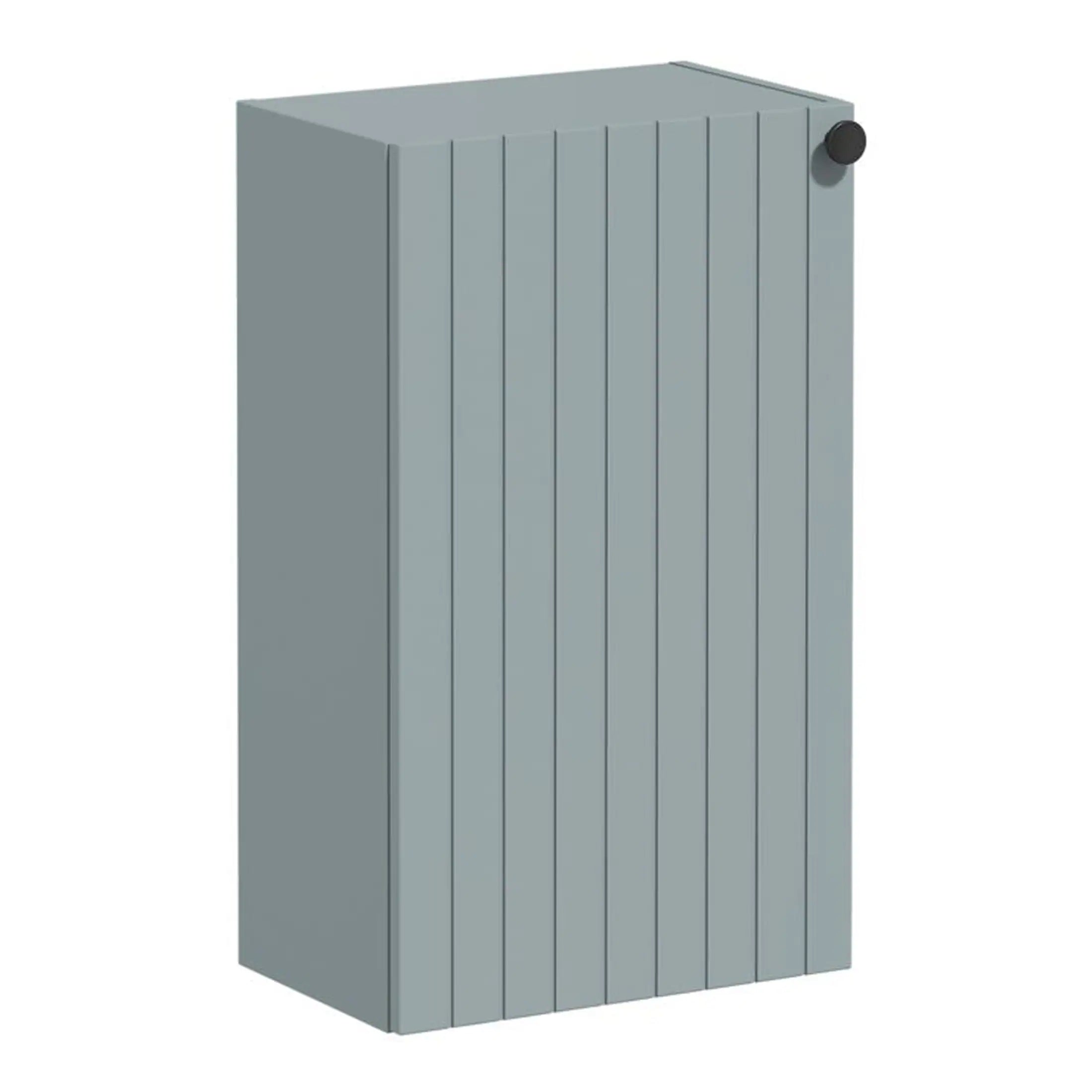 Rustic grey wooden bathroom radiator with vertical slats and rounded black control valve for modern bathroom heating solutions.