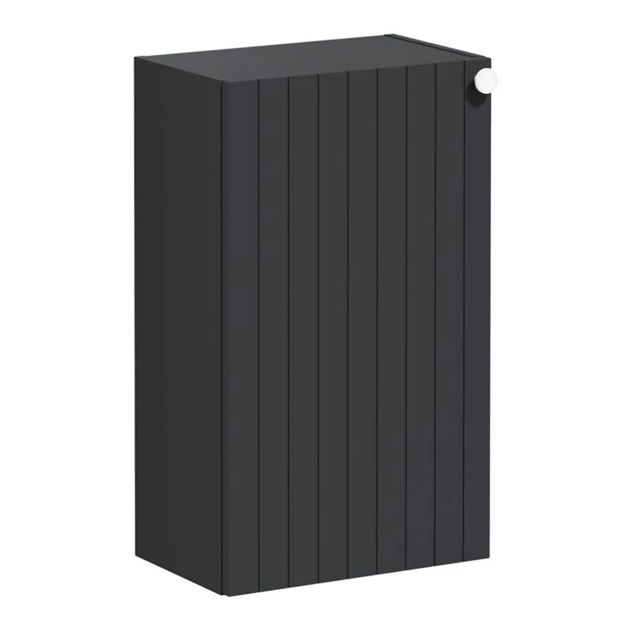 Sleek black bathroom radiator with vertical slats, modern design, ideal for contemporary bathrooms, enhances space efficiency and style.