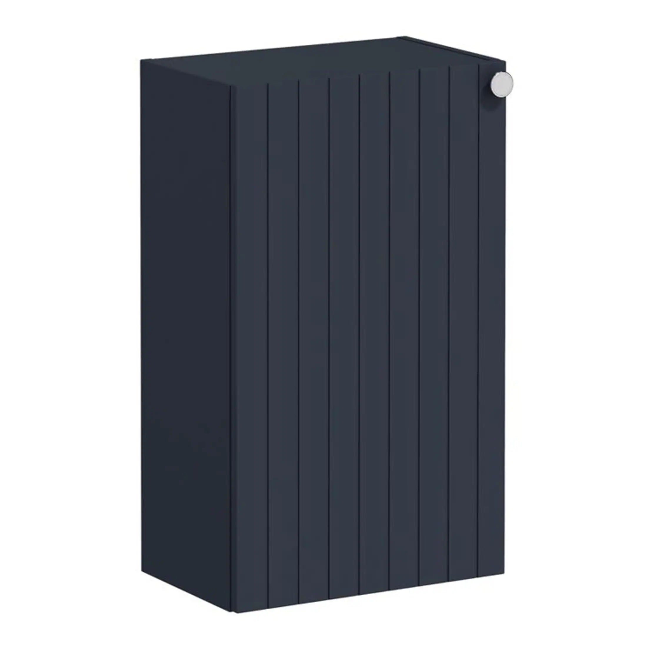 Stylish navy blue bathroom radiator with vertical panel design, perfect for modern bathroom heating and towel drying solutions. Made from durable materials with a sleek finish.