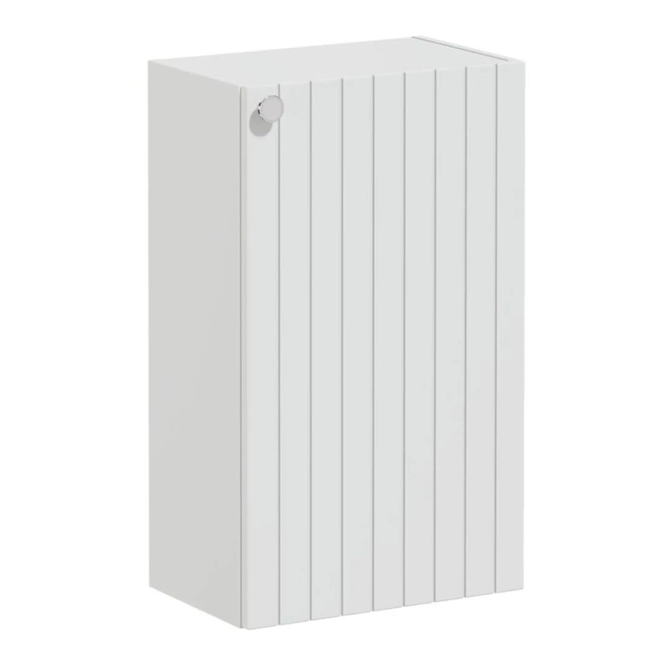 White wooden radiator cover with slatted design and small circular side knob, ideal for bathroom decor. Perfect for hiding radiators while maintaining airflow, enhances bathroom aesthetics.