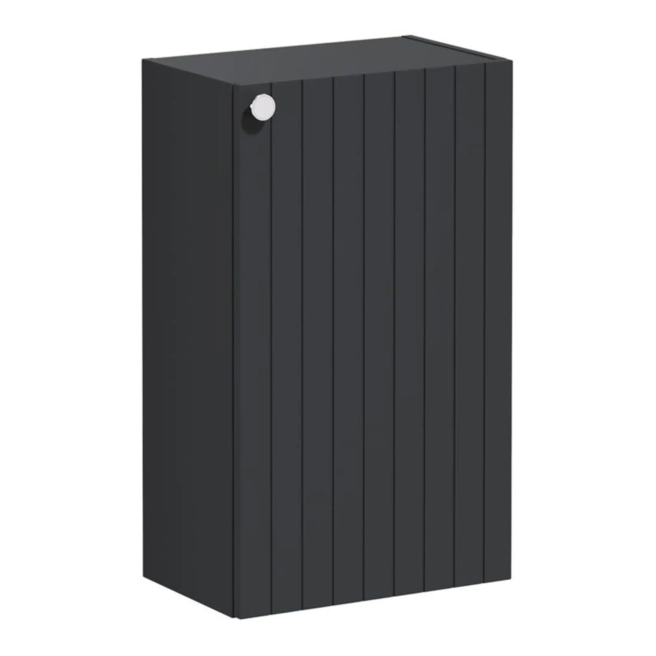 Black wooden bathroom storage cabinet with a sleek modern design, featuring vertical slats and a small round handle, ideal for contemporary bathroom organisation.