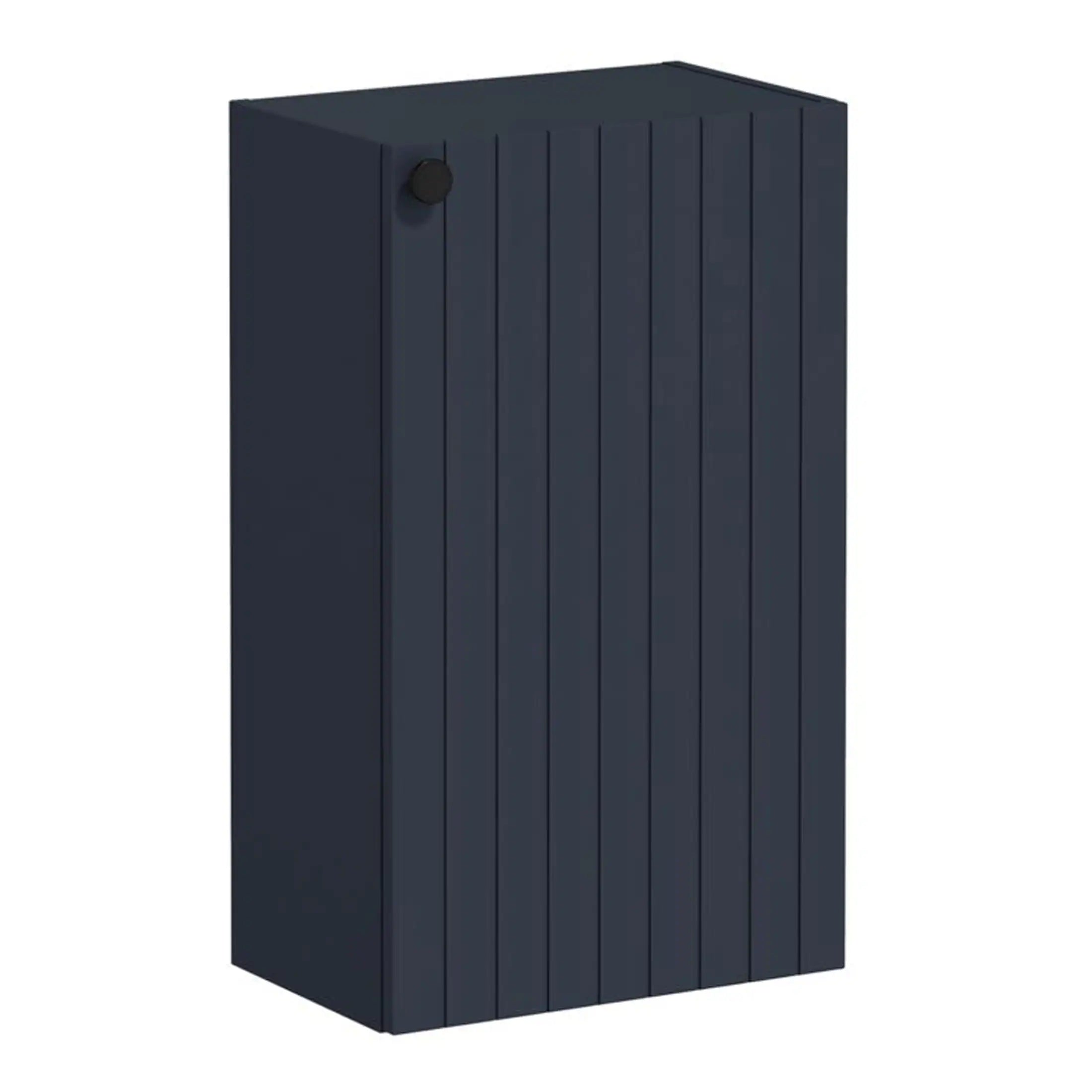 Sleek navy blue bathroom storage cabinet with vertical panel design and minimalistic black handle, ideal for modern bathroom decor.