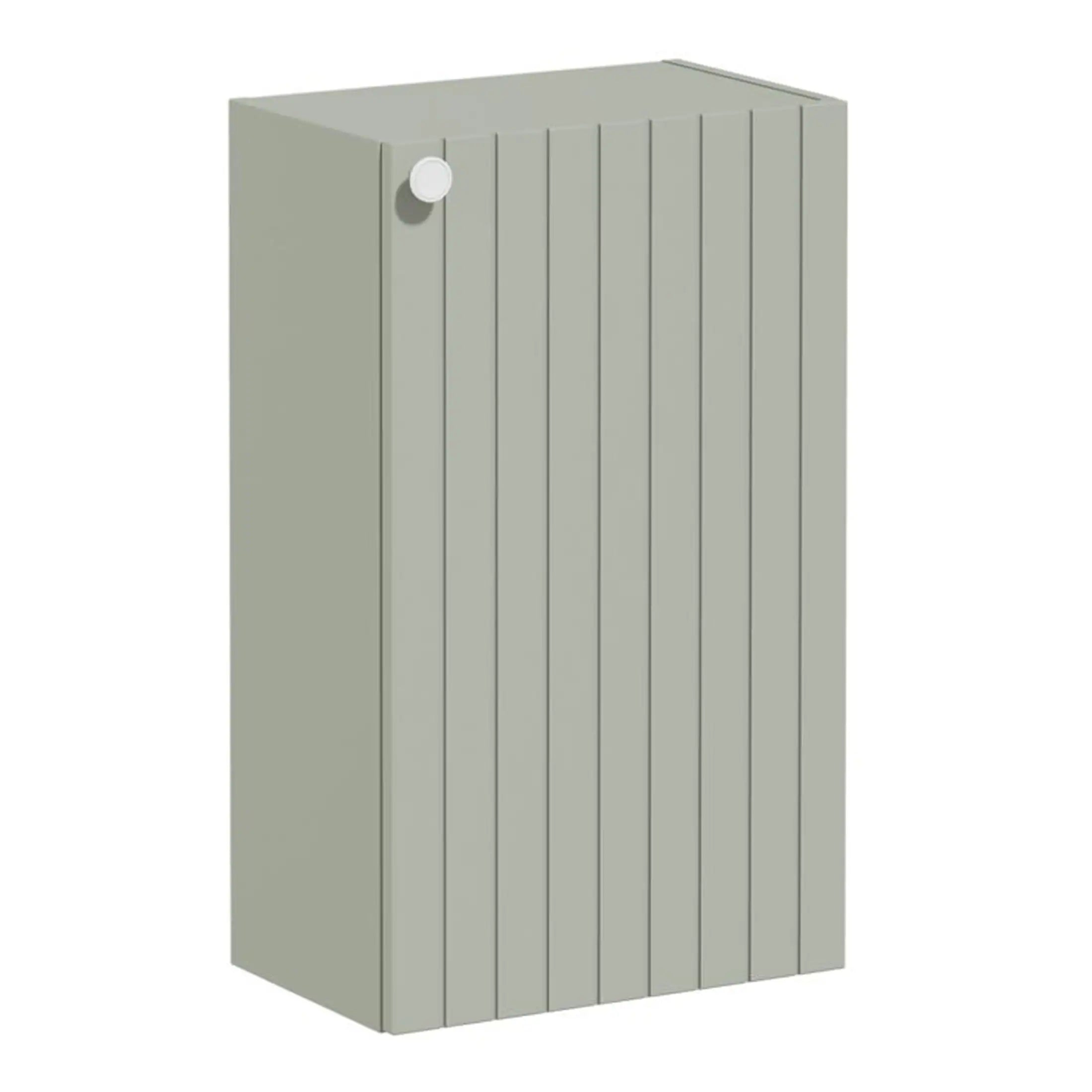 Stylish grey wooden bathroom storage cabinet with vertical panelled design, durable finish, and modern aesthetic, perfect for organising bathroom essentials in Bubly Bathrooms.