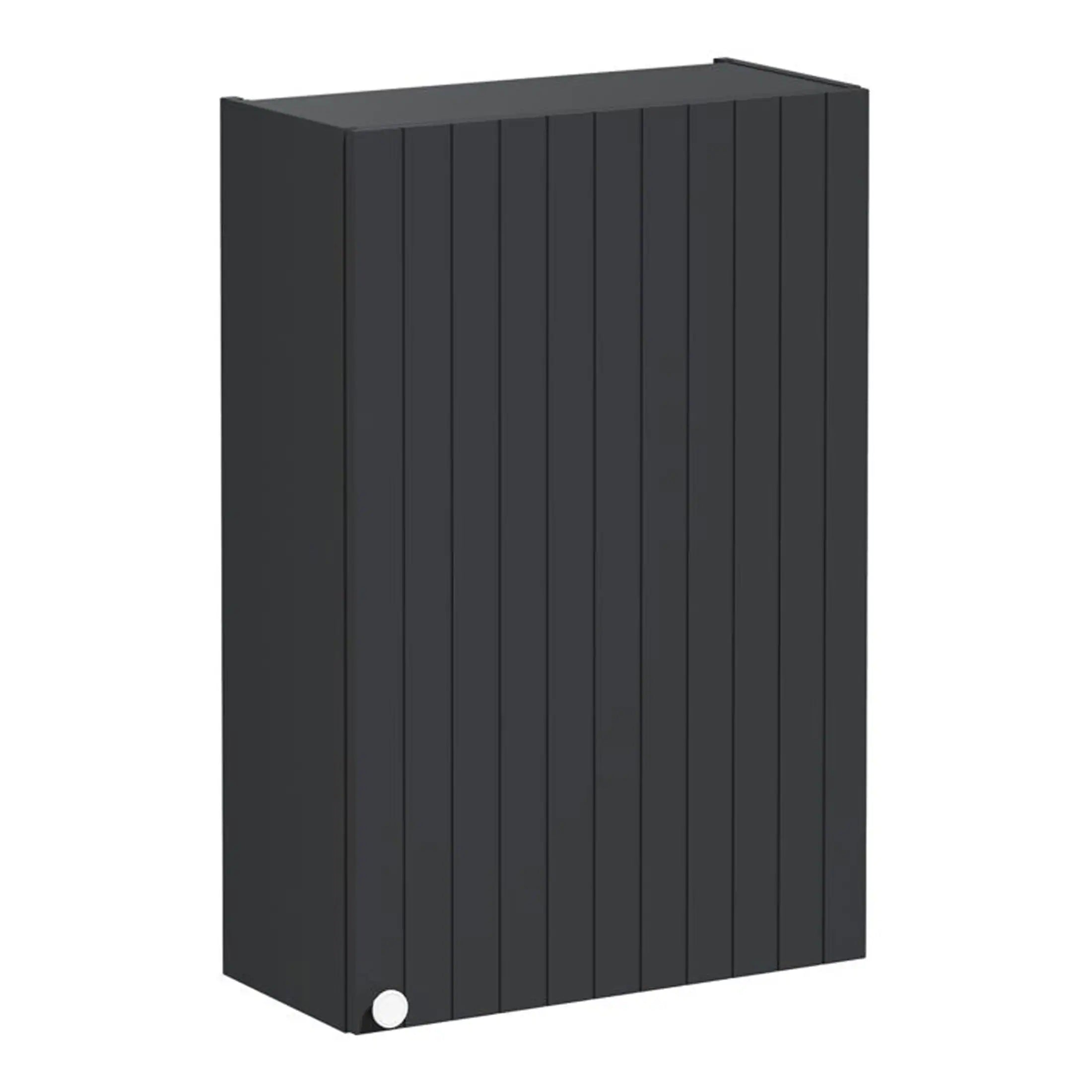 Sleek black bathroom storage cabinet with vertical panel design and compact footprint, ideal for modern bathrooms to maximise storage space and enhance decor.